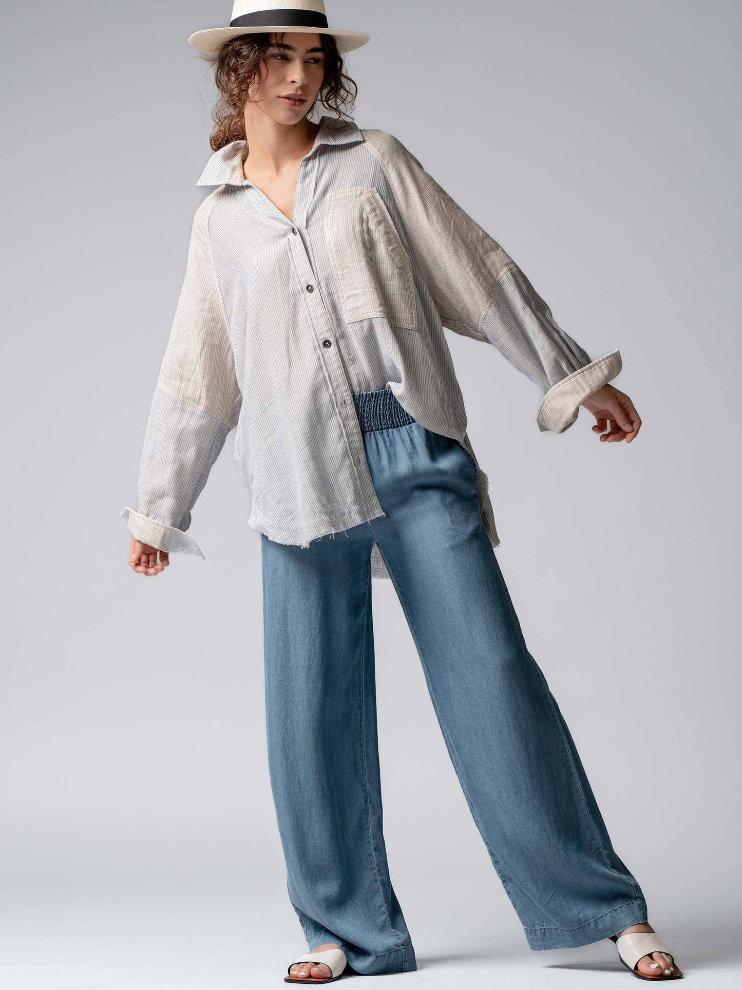 Smocked High Waist Wide Leg Side Pocket Pants