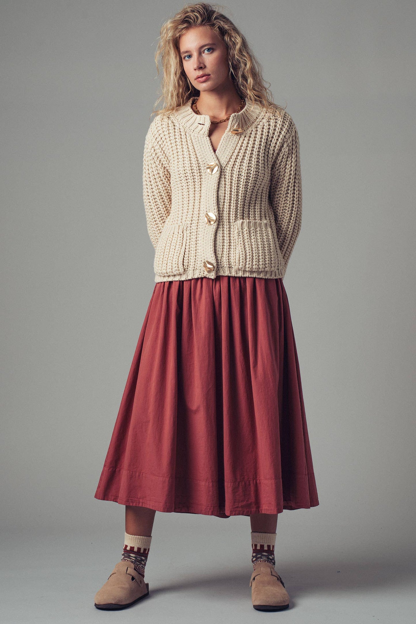 Chunky Gold Button Ribbed Knit Cardigan