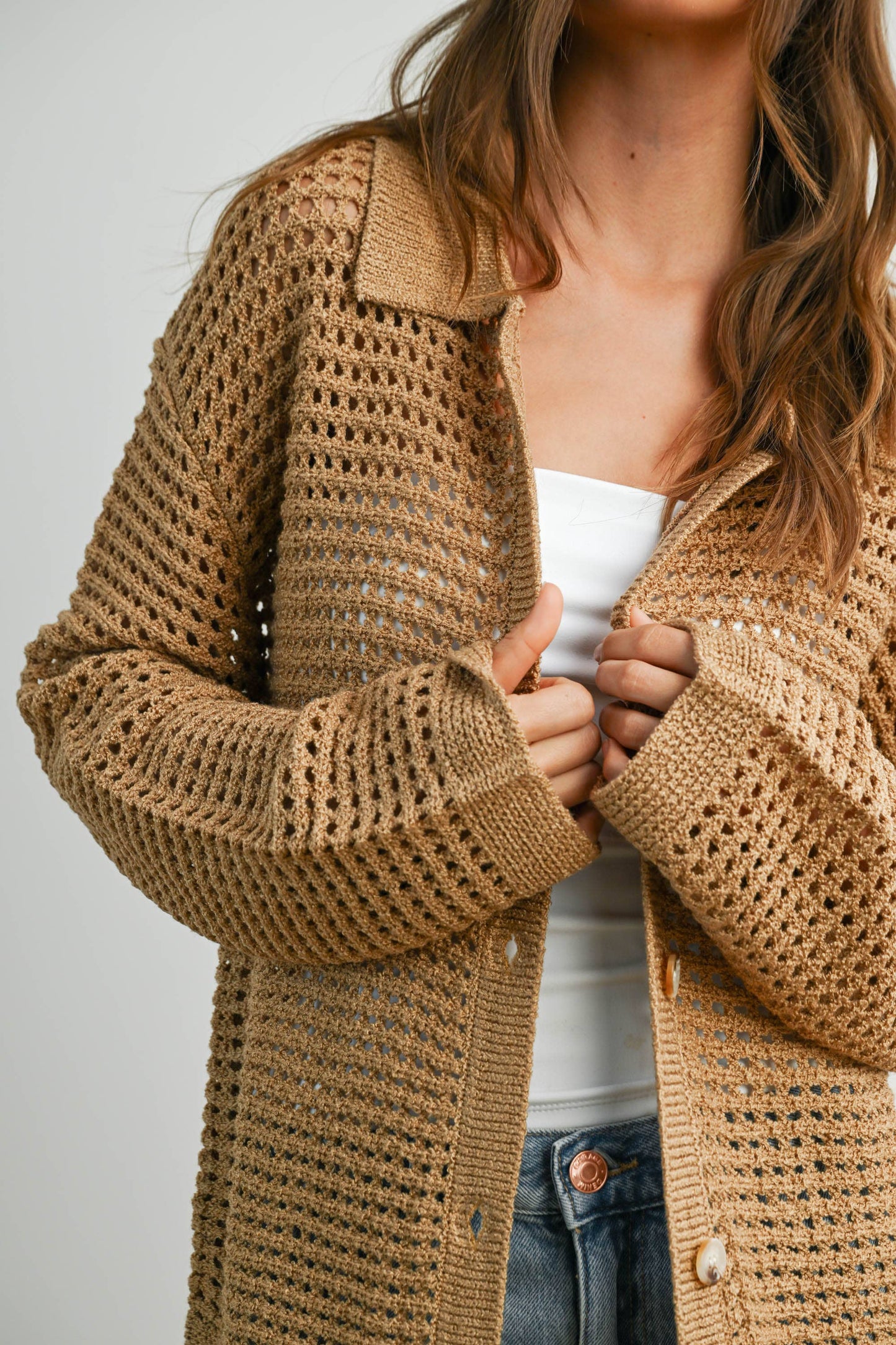 OPEN STITCH CROCHET COLLAR CARDIGAN