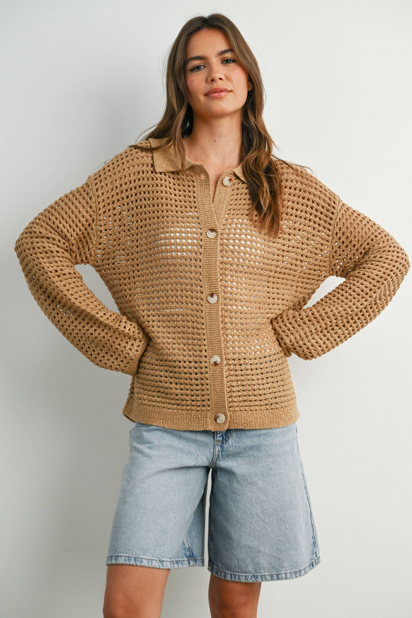 OPEN STITCH CROCHET COLLAR CARDIGAN