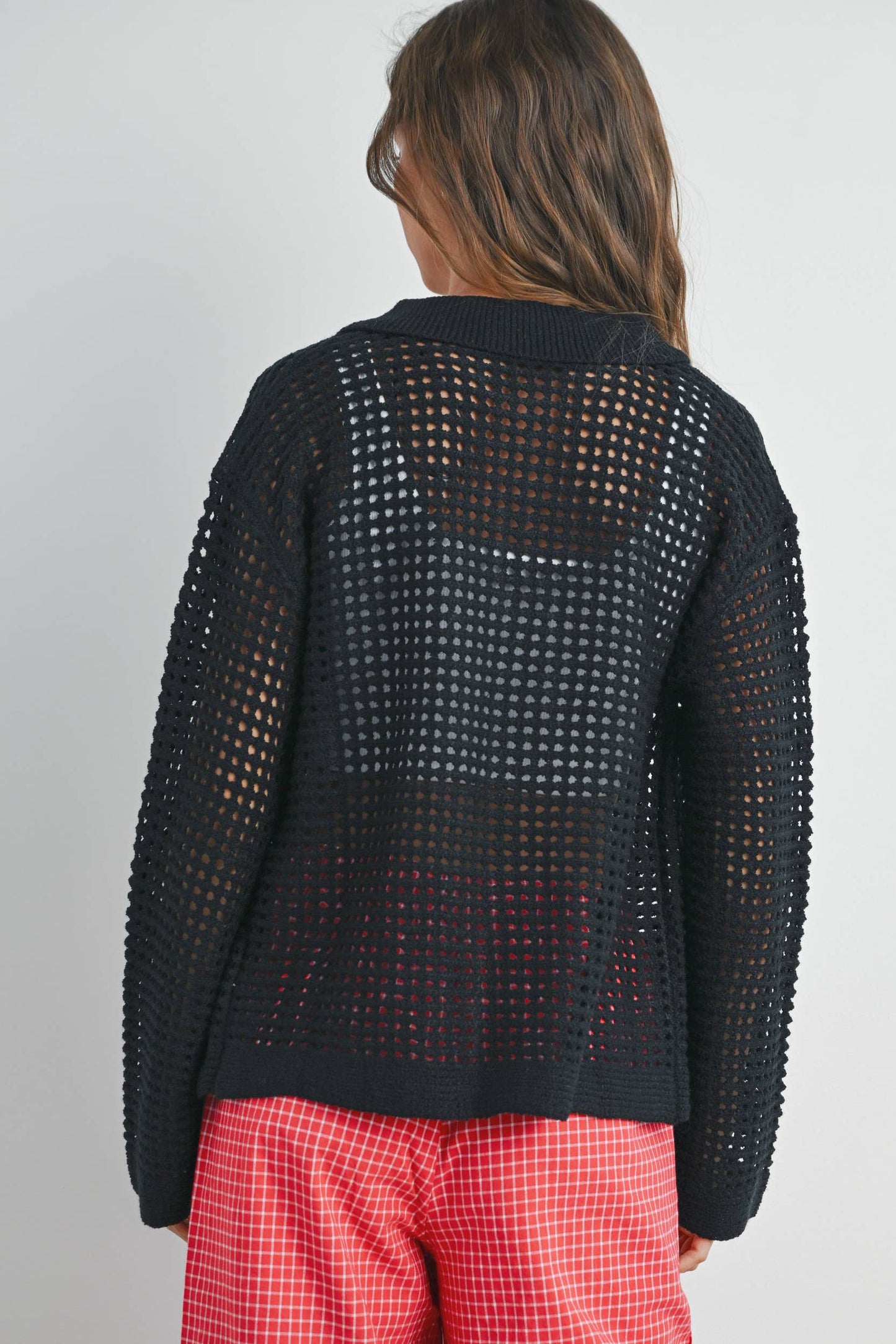 OPEN STITCH CROCHET COLLAR CARDIGAN