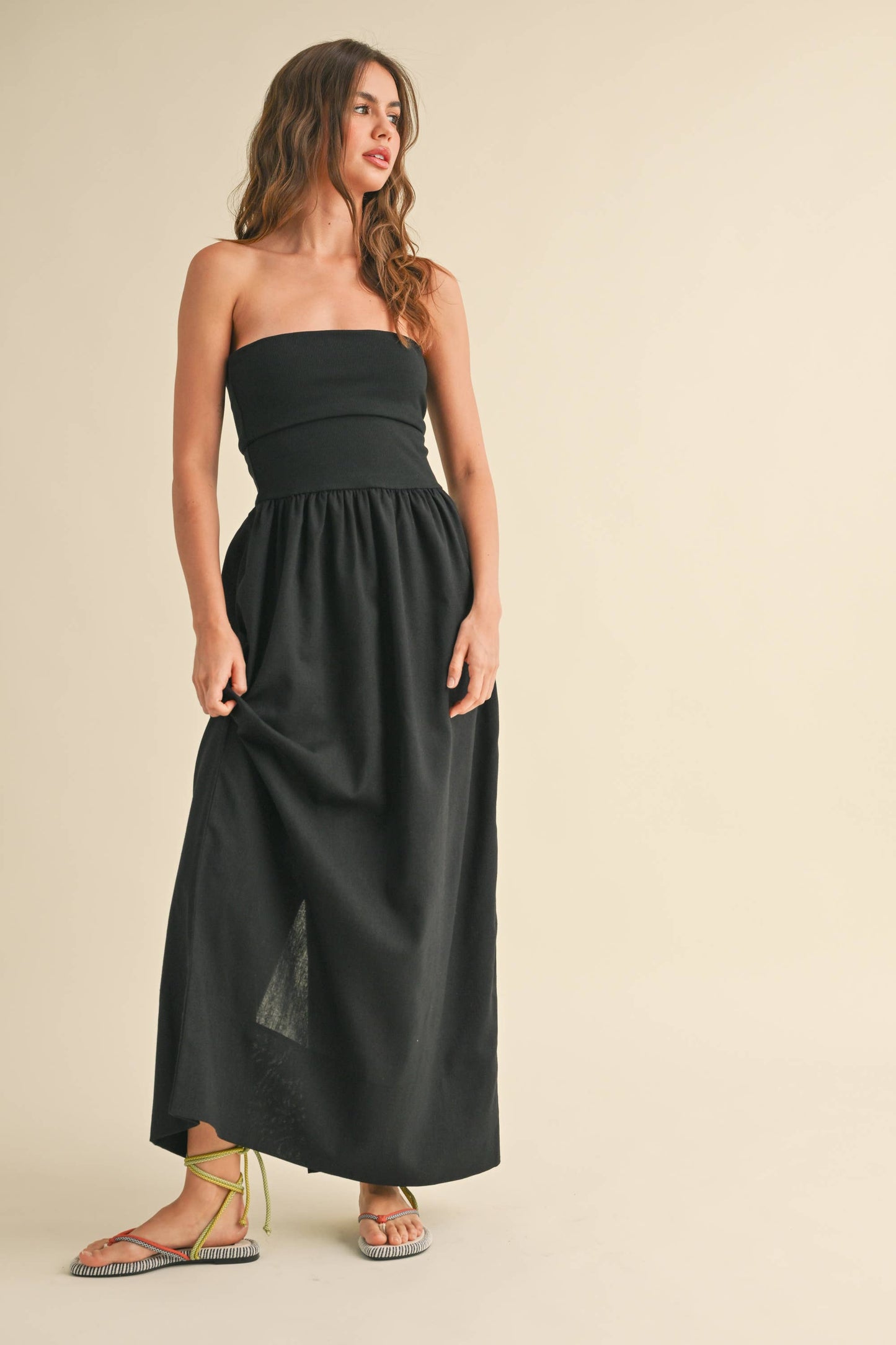 LINEN WITH RIBBED KNITTED TOP DRESS