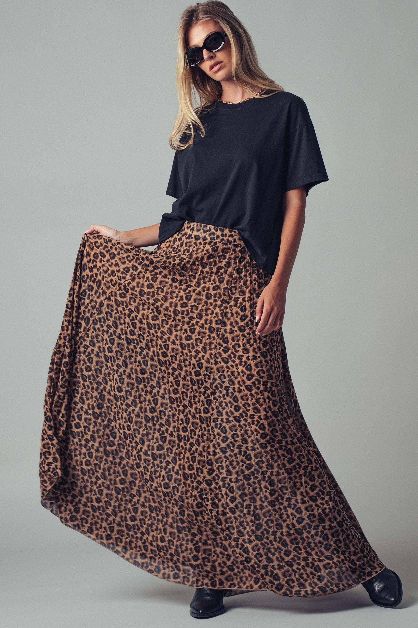 Leopard Print Pleated Flowy A Line Midi Skirt