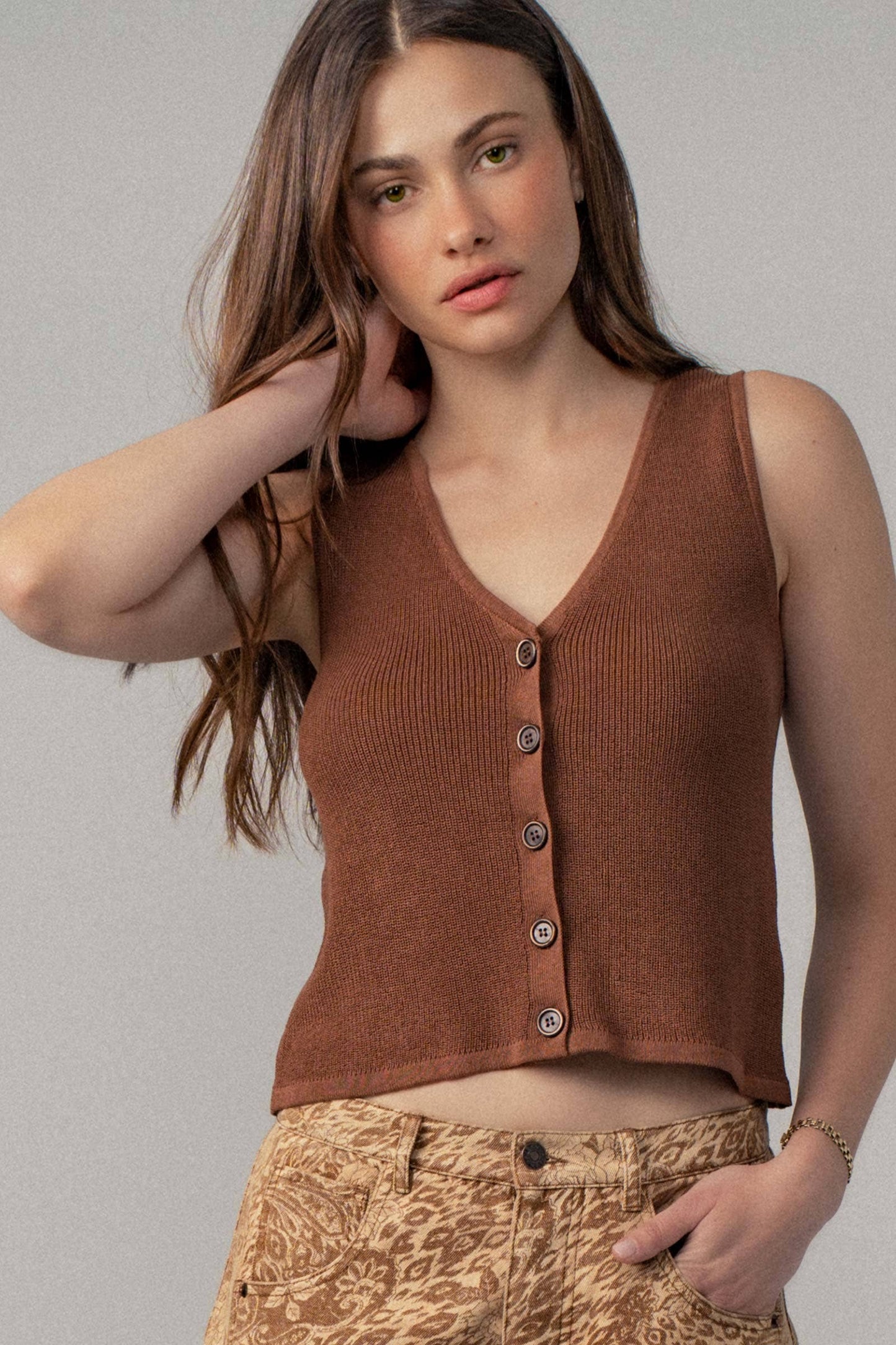 Button Front Crochet Knit Vest