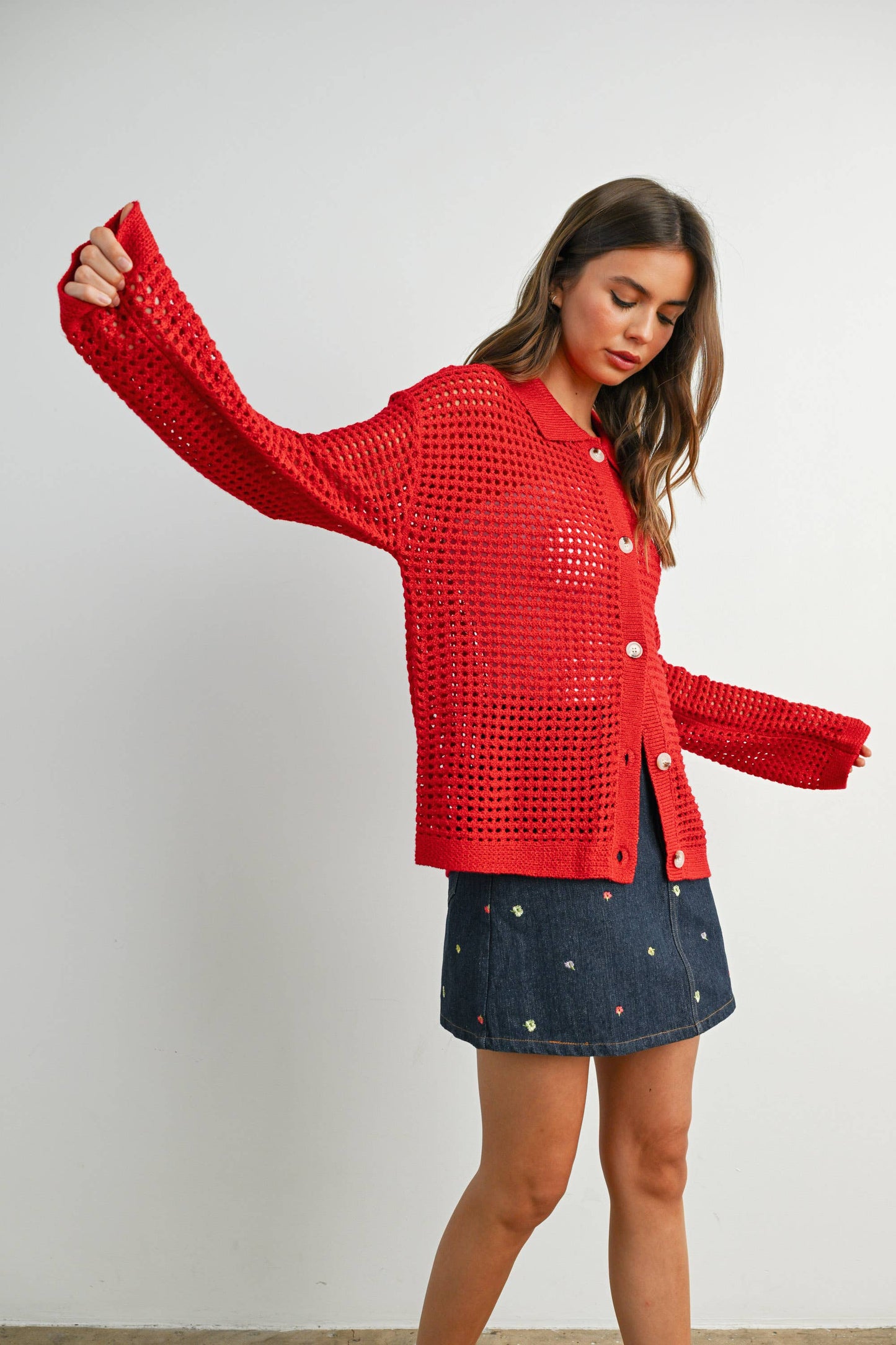 OPEN STITCH CROCHET COLLAR CARDIGAN