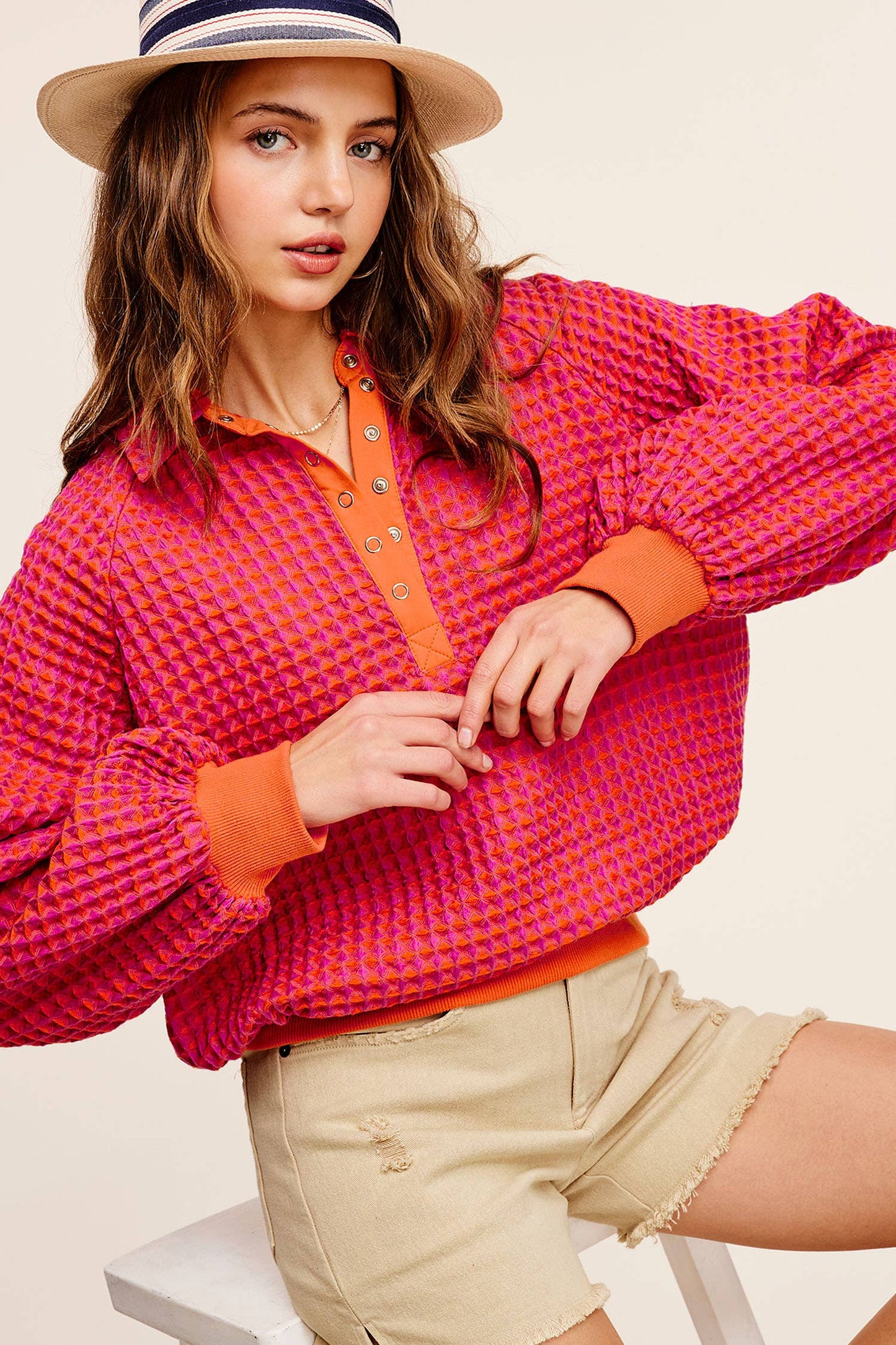 Two Tone Textured Snap Button Front Top