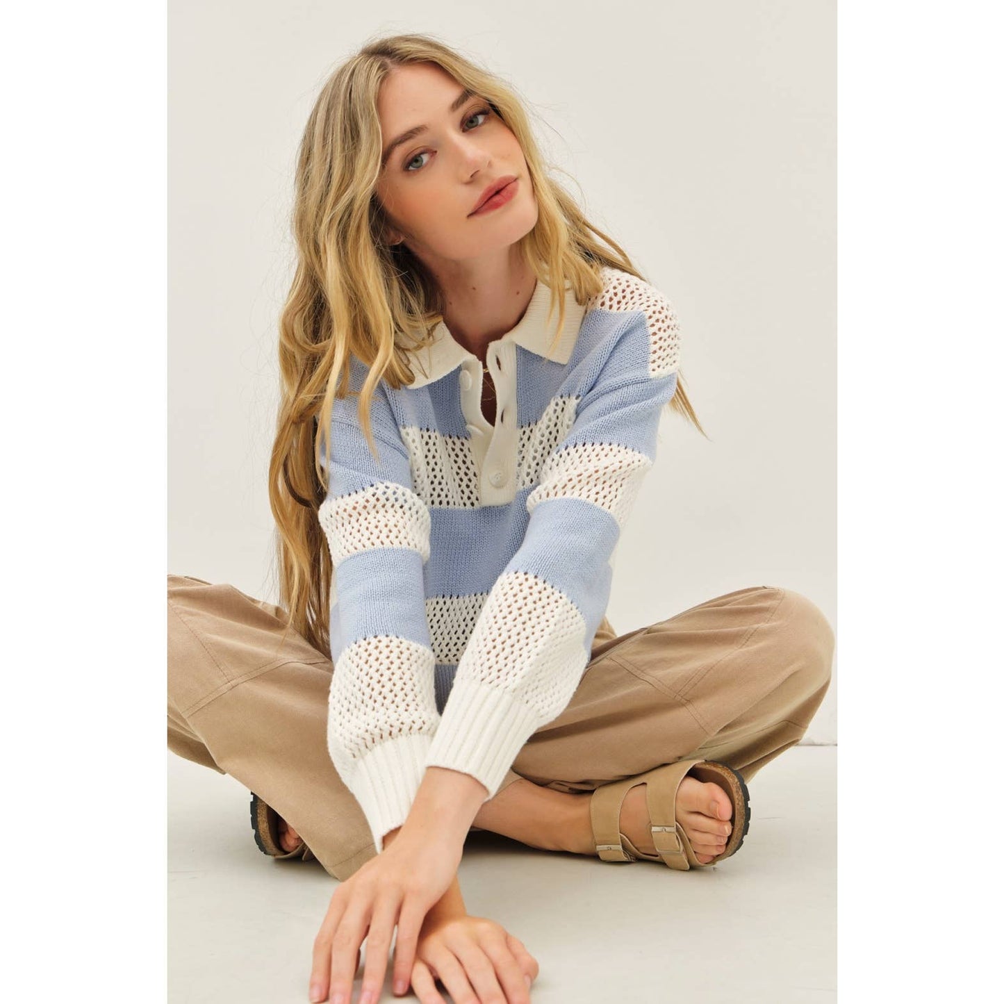 RUGBY-INSPIRED WIDE STRIPE LIGHTWEIGHT SWEATER & CROCHET TOP