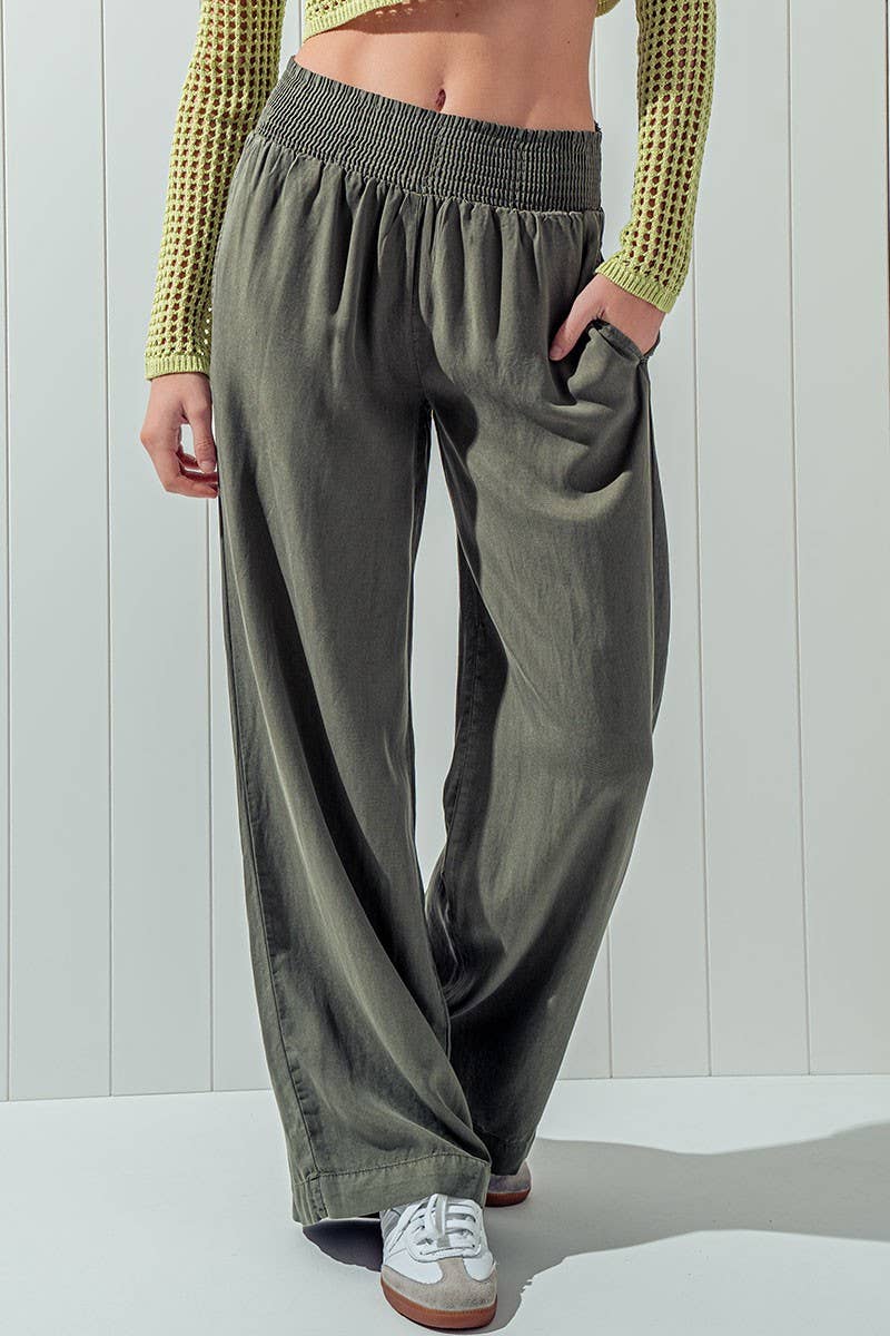 Smocked High Waist Wide Leg Side Pocket Pants