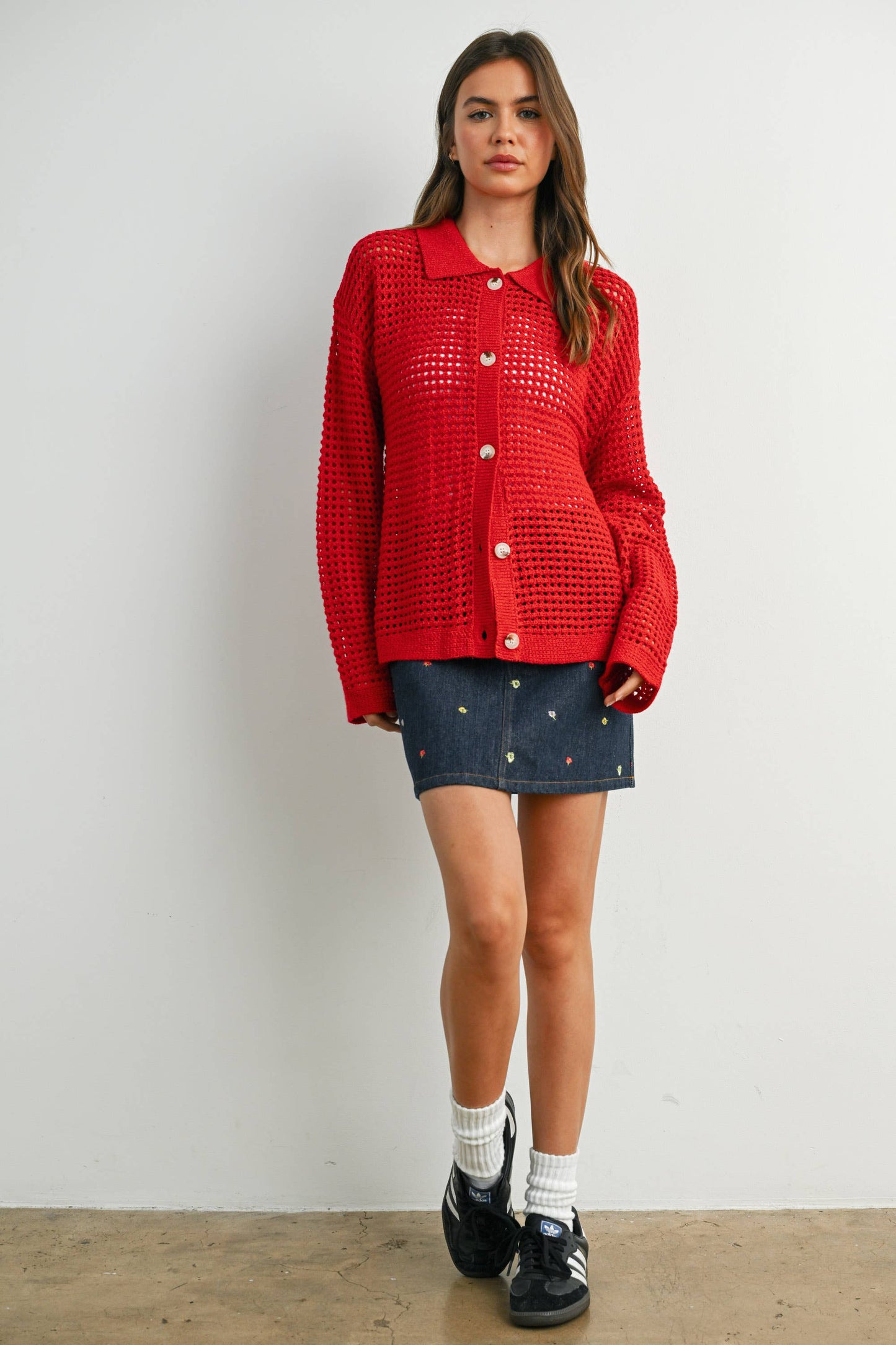 OPEN STITCH CROCHET COLLAR CARDIGAN