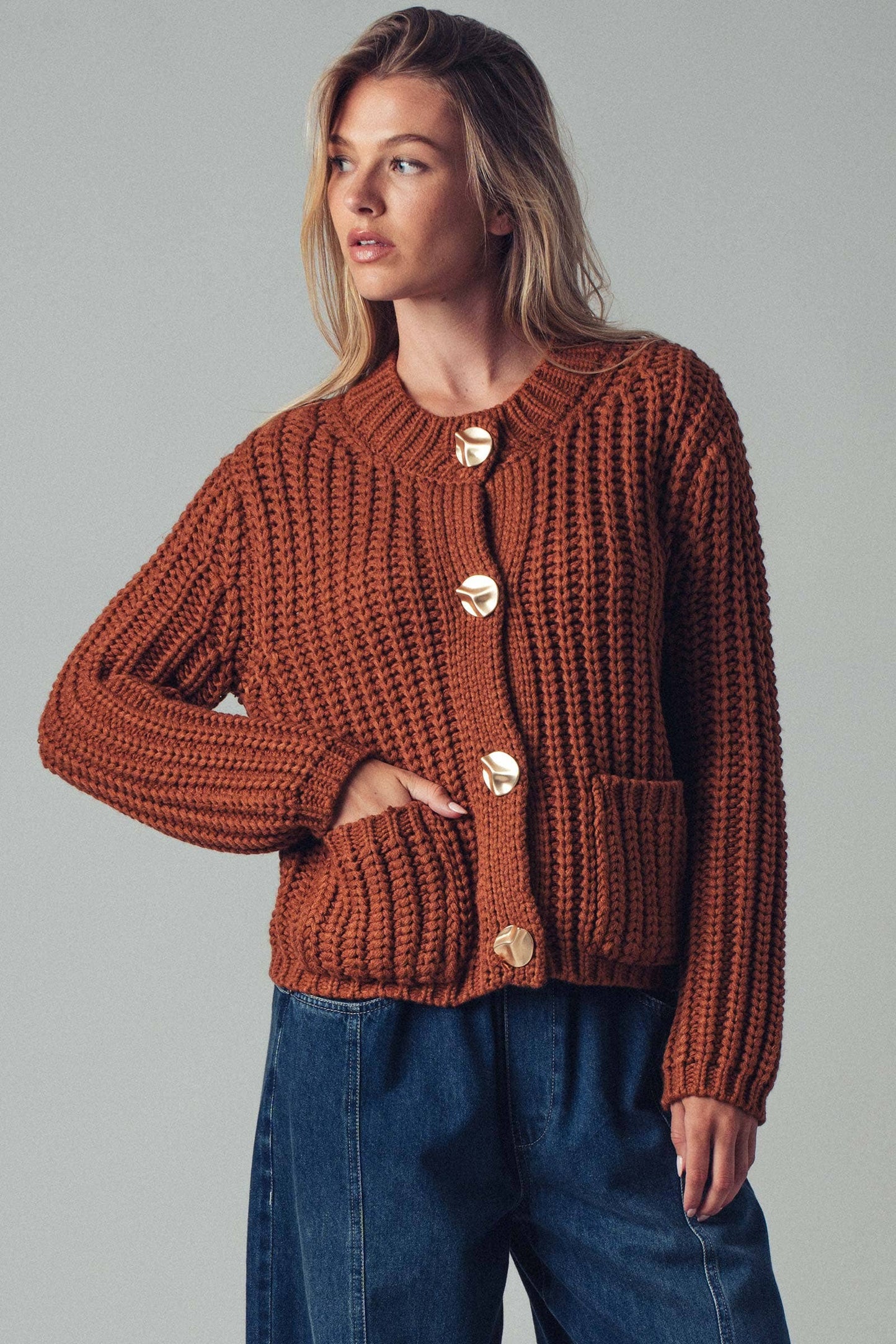 Chunky Gold Button Ribbed Knit Cardigan