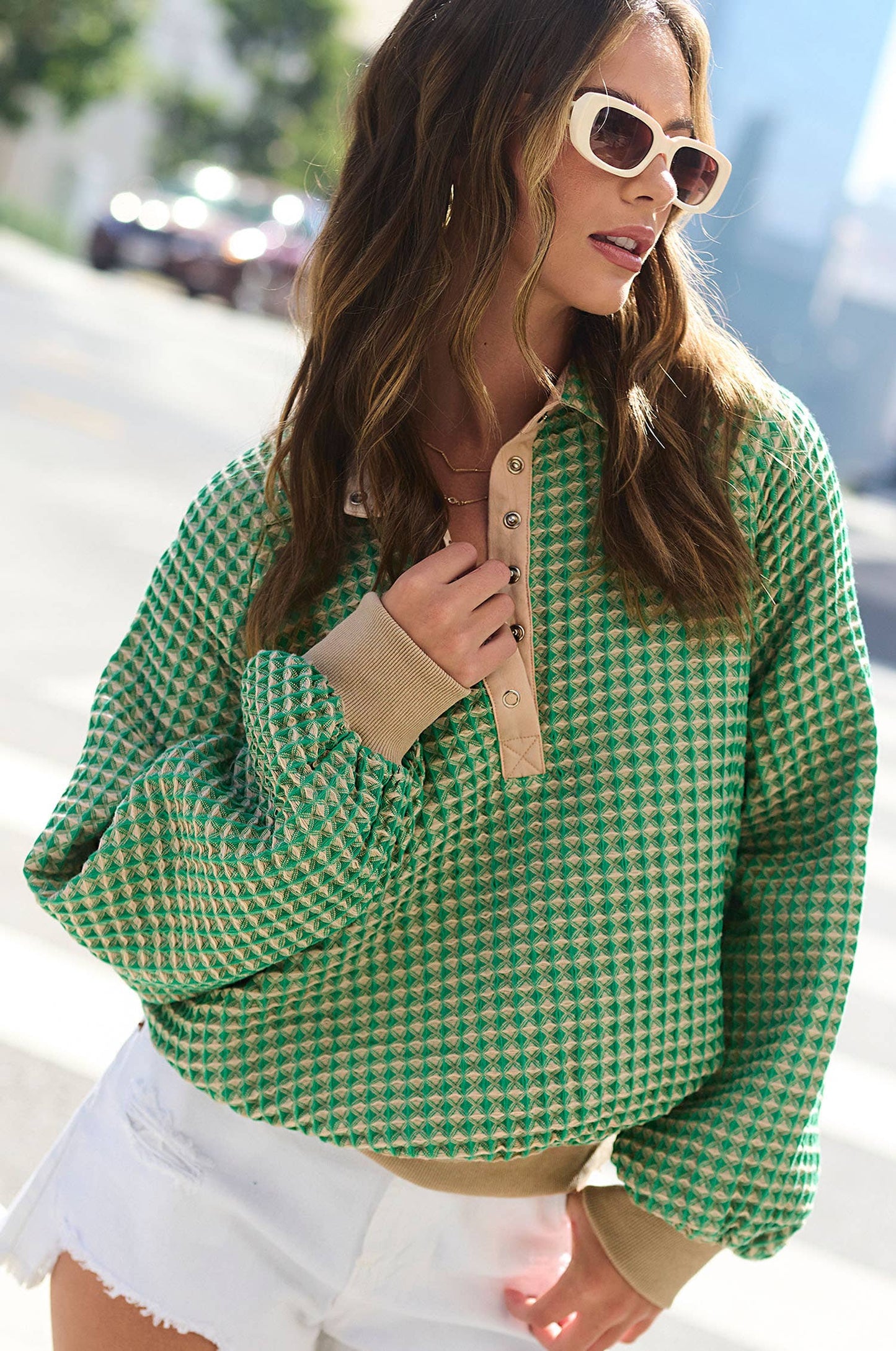 Two Tone Textured Snap Button Front Top