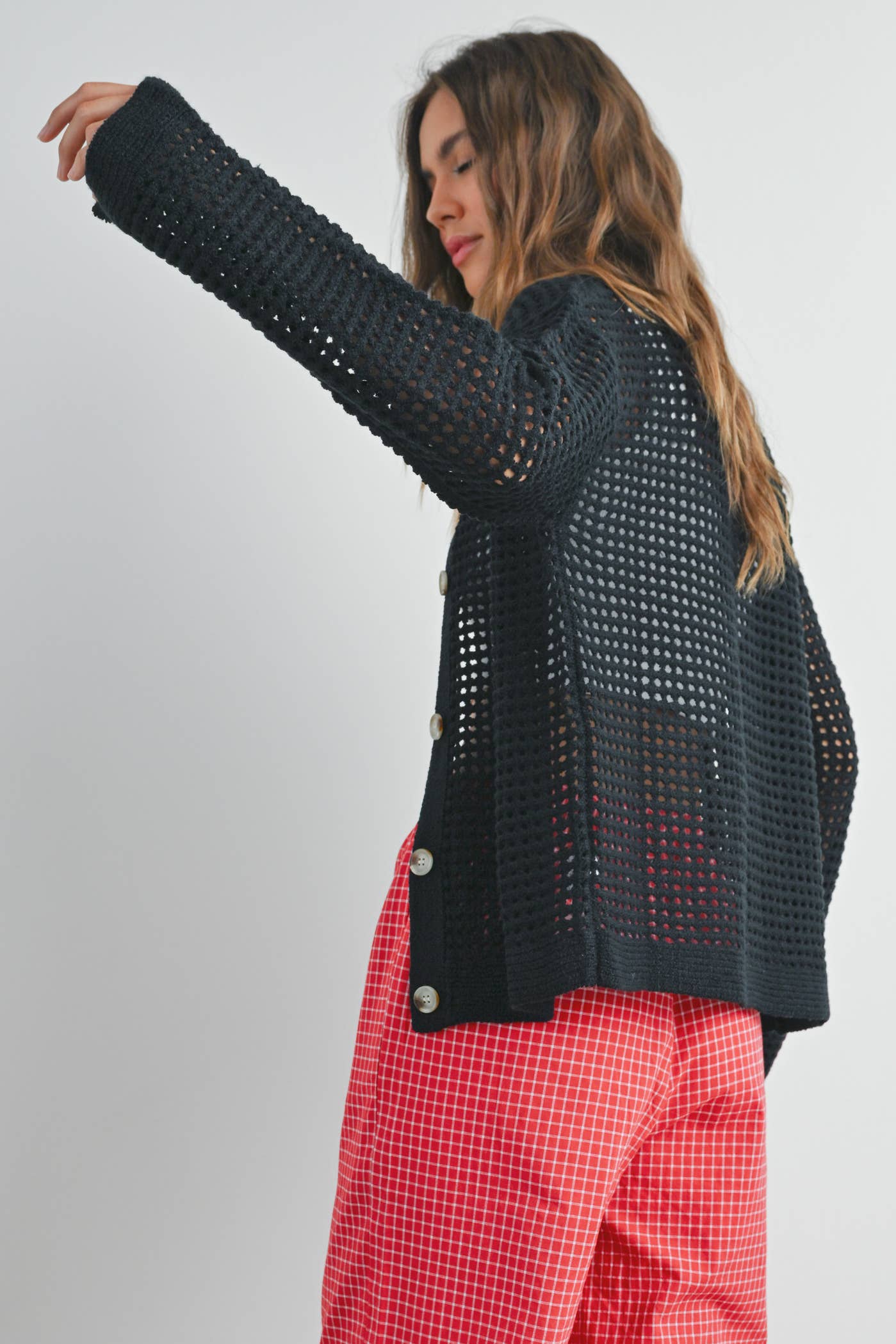 OPEN STITCH CROCHET COLLAR CARDIGAN
