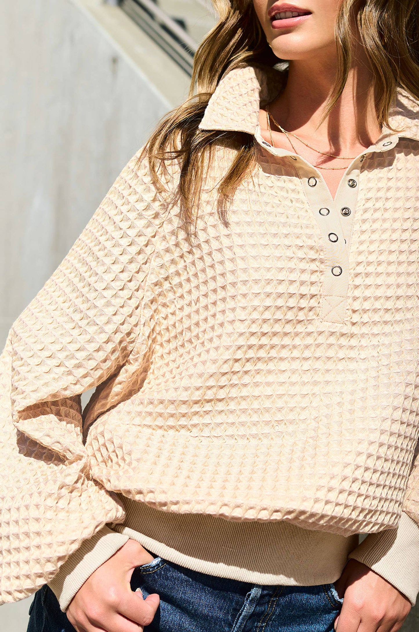 Two Tone Textured Snap Button Front Top