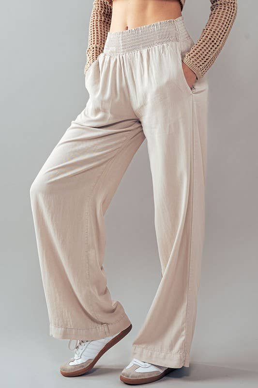 Smocked High Waist Wide Leg Side Pocket Pants