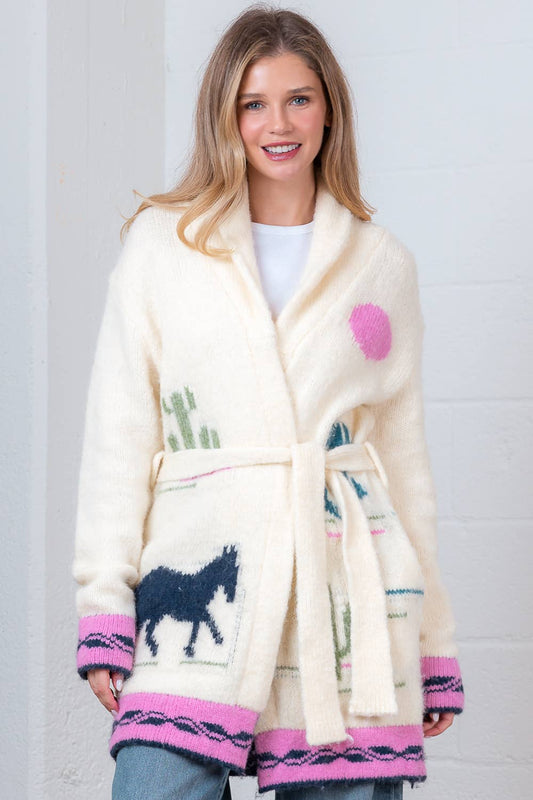 RELAX FIT HORSE ROBE SWEATER WITH SELF BELT