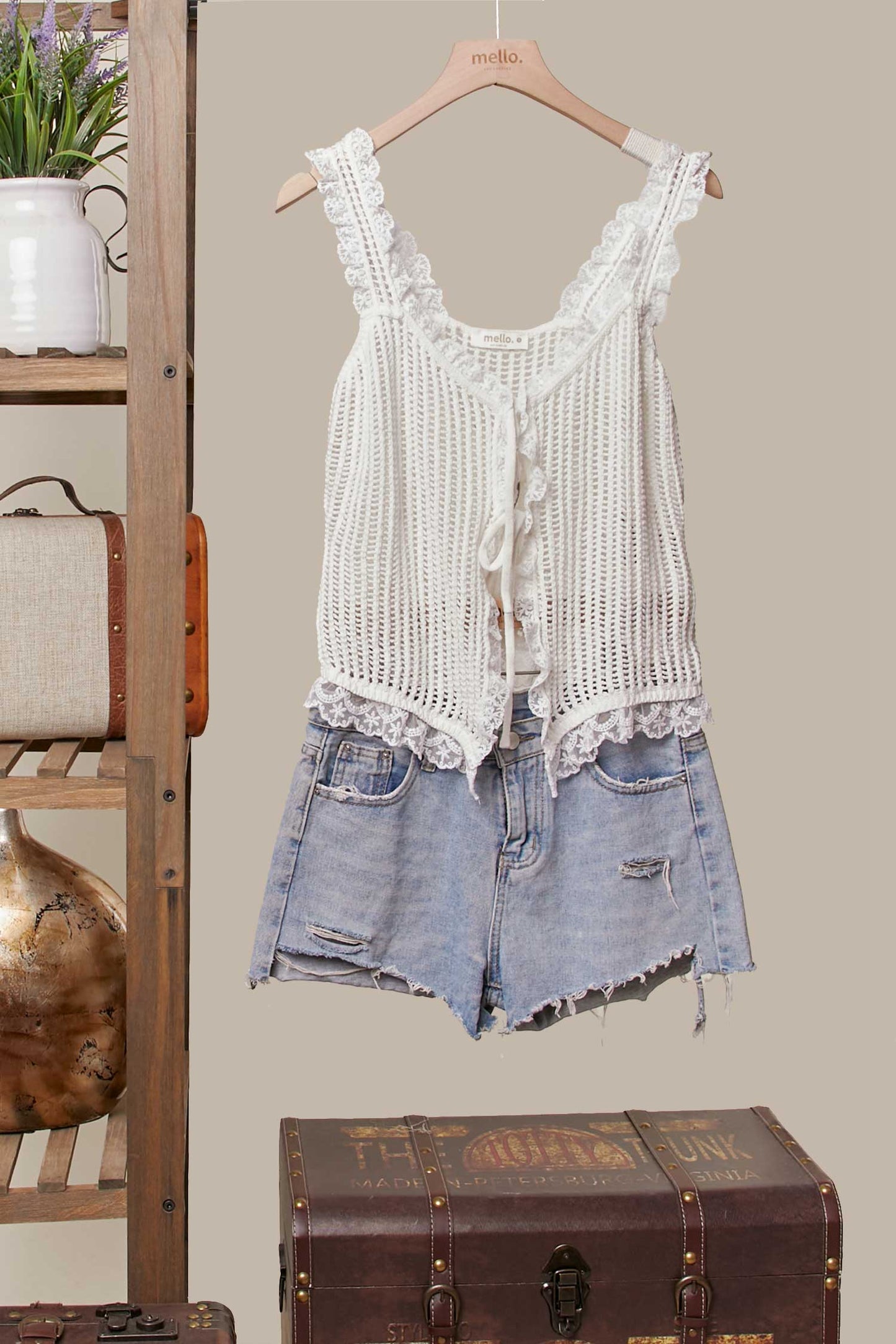 White Lace Trim Sleeveless Knit Vest