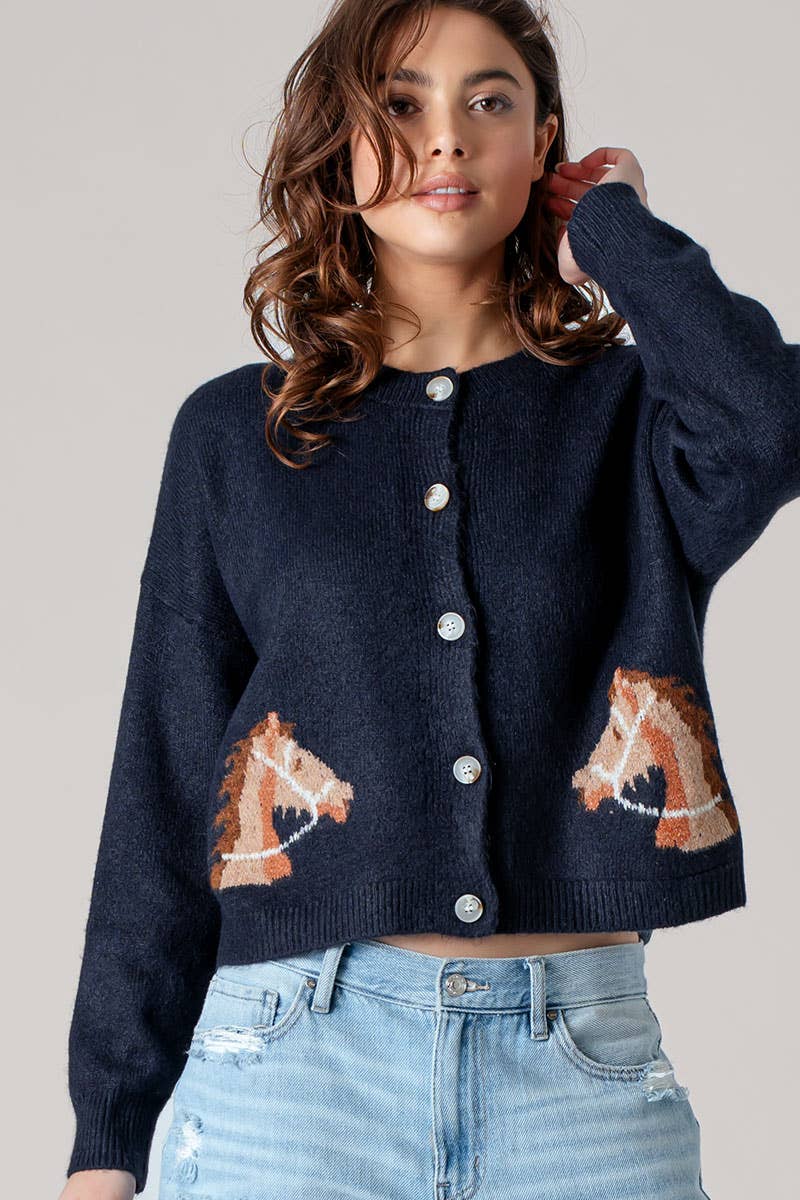 Western Horse Graphic Ribbed Trim Crew Neck Cardigan