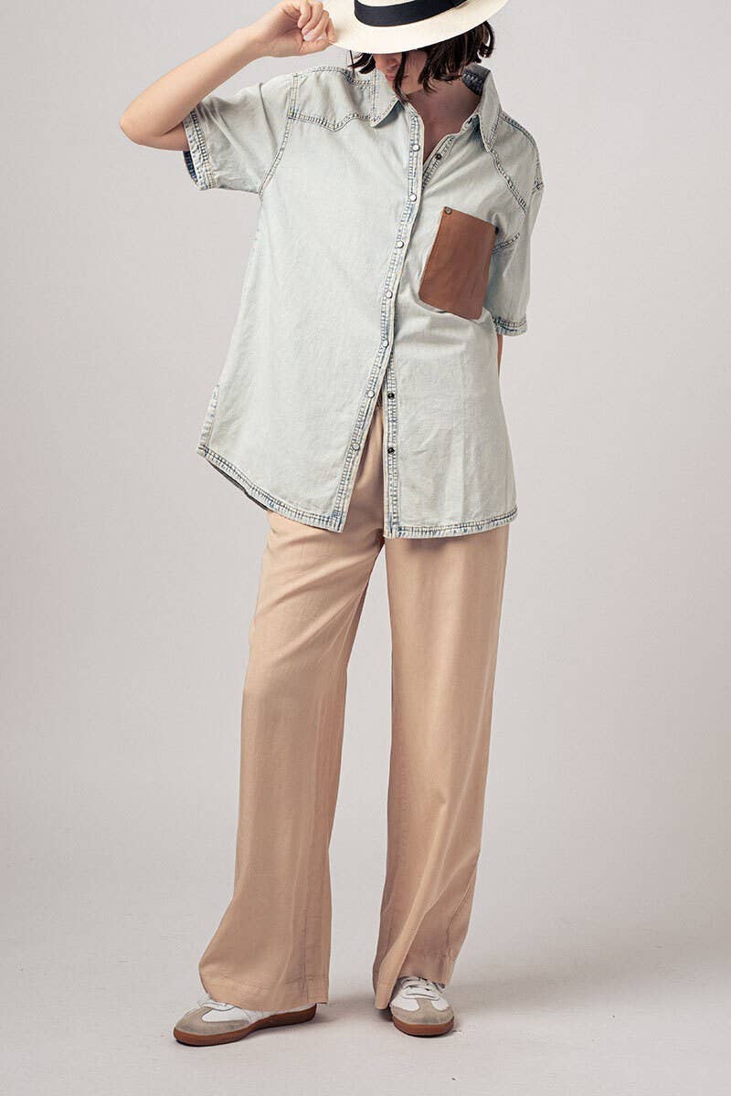 Smocked High Waist Wide Leg Side Pocket Pants