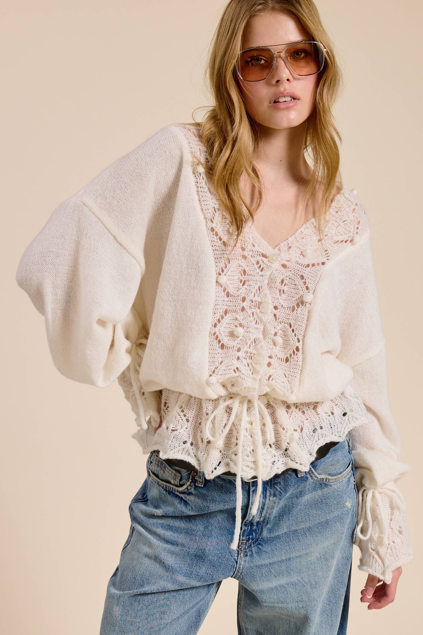 Crochet Lace Trim V Neck Knit Top