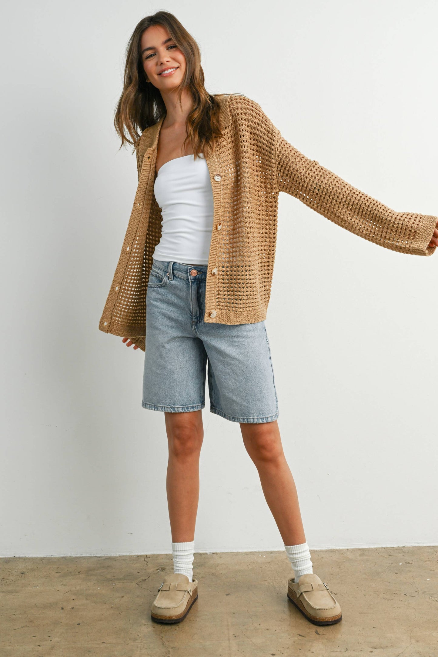 OPEN STITCH CROCHET COLLAR CARDIGAN
