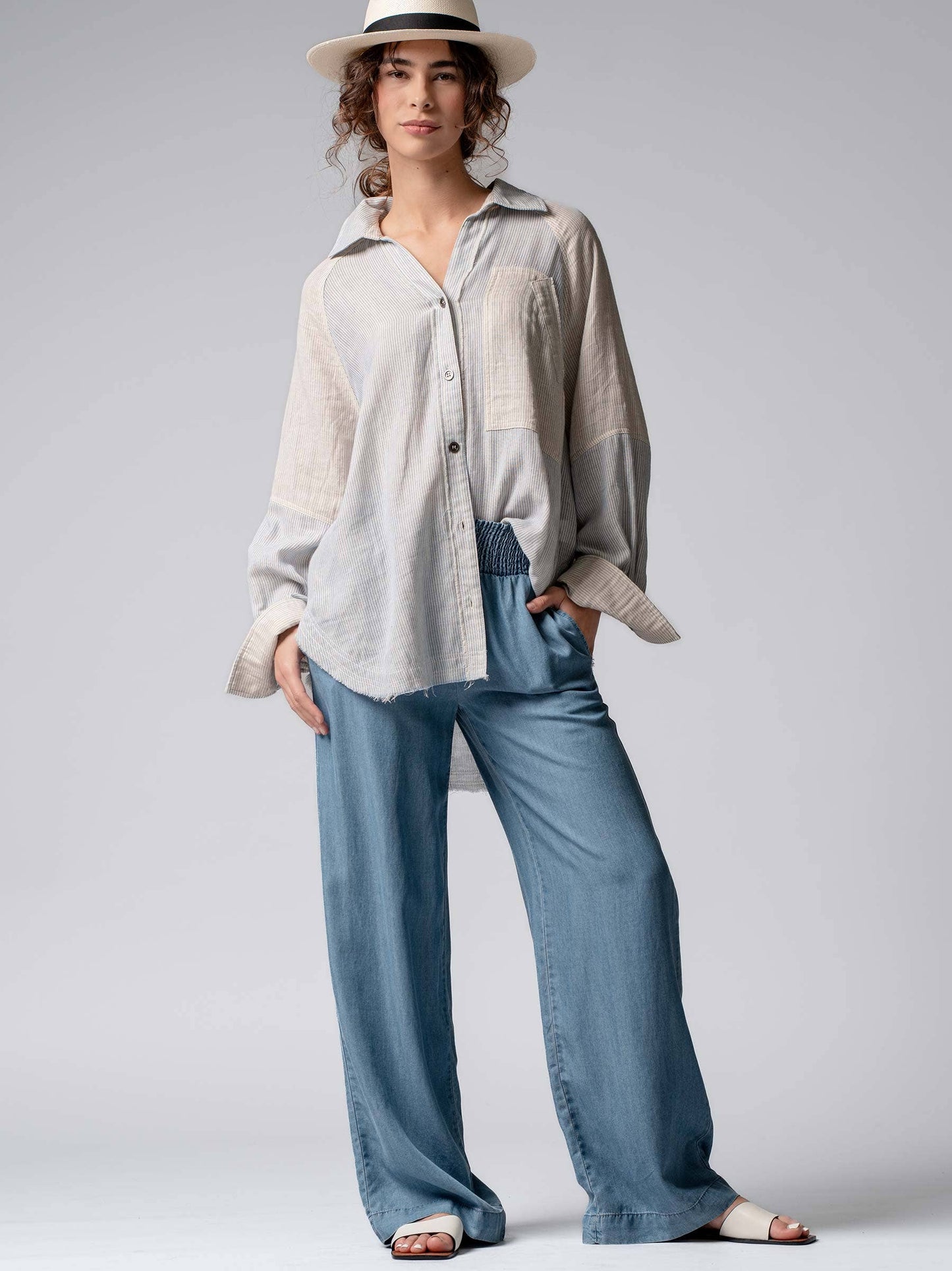 Smocked High Waist Wide Leg Side Pocket Pants