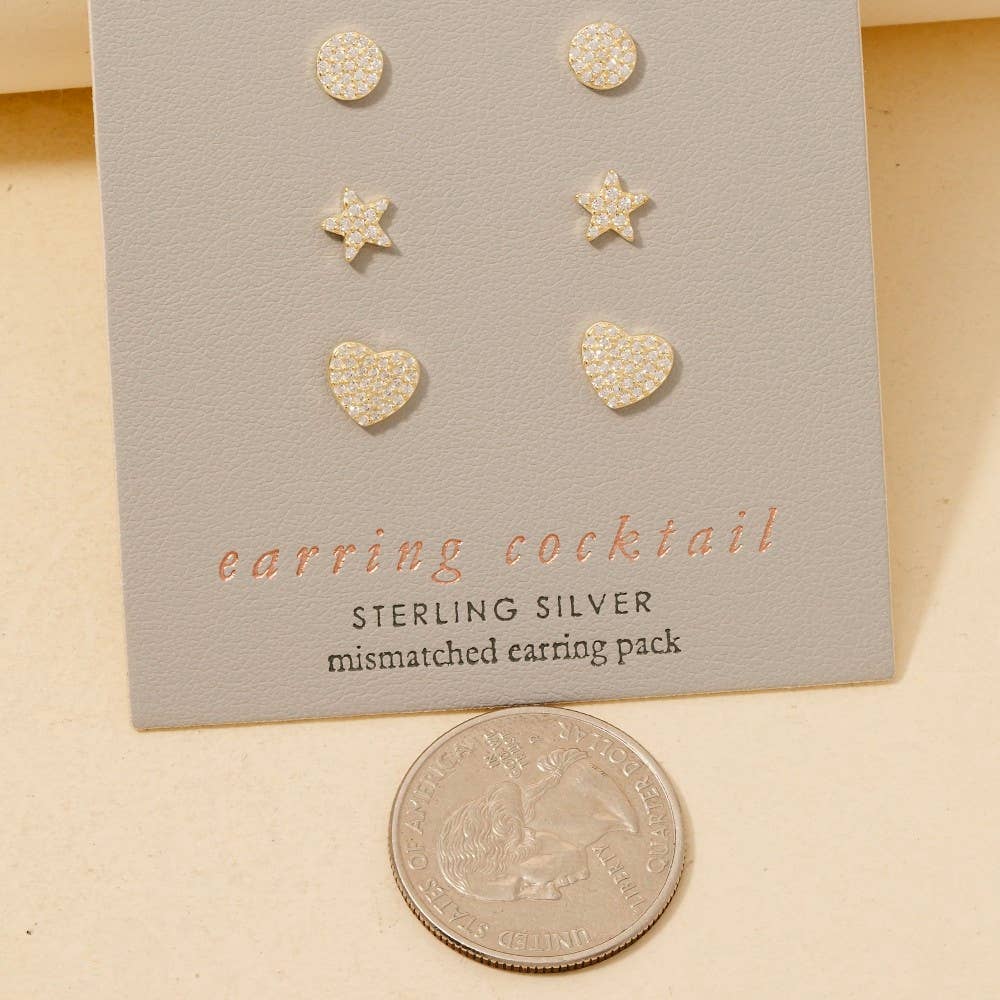 Sterling Silver Star Heart Disc Stud Earrings Set