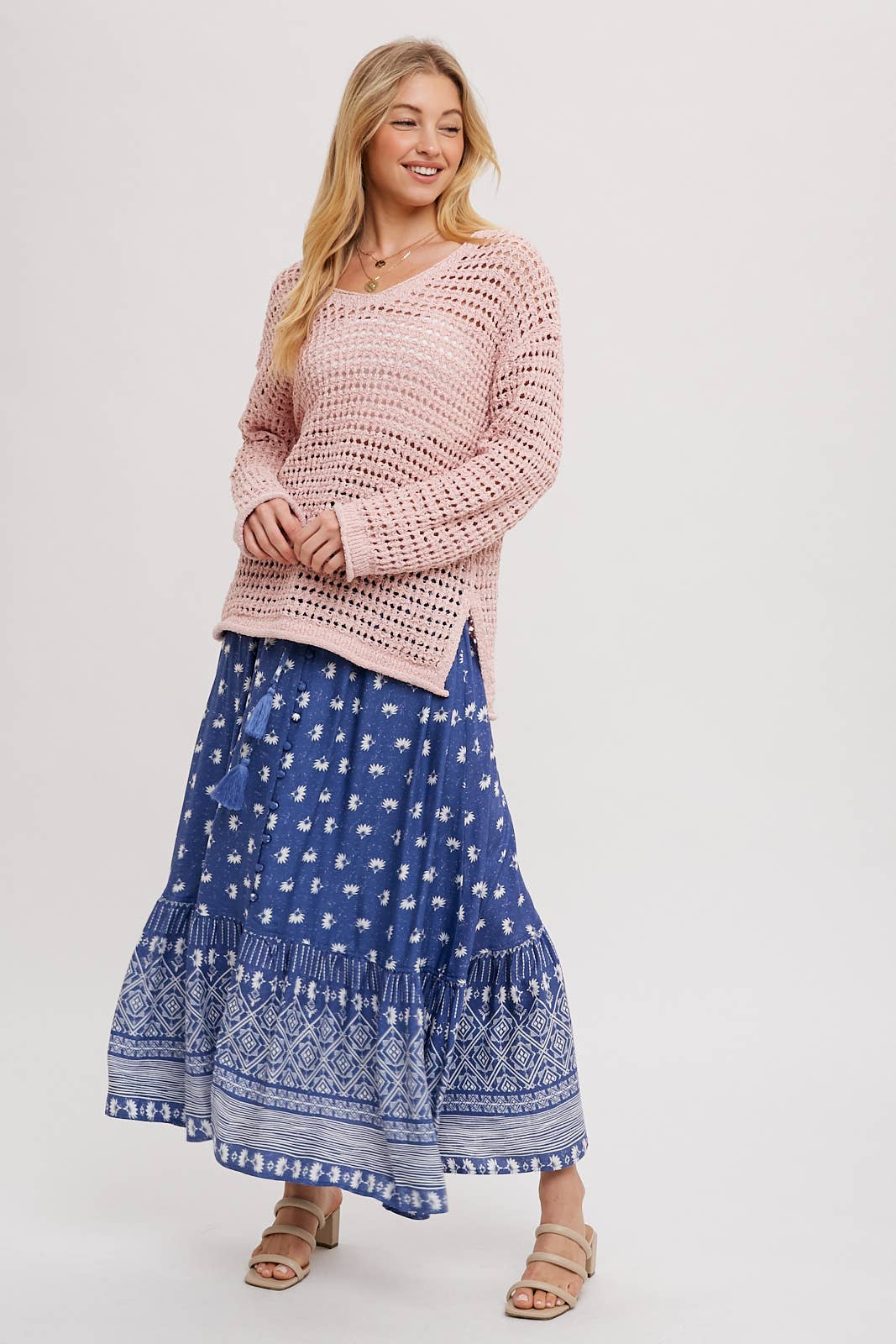 OPEN KNIT V-NECK PULLOVER