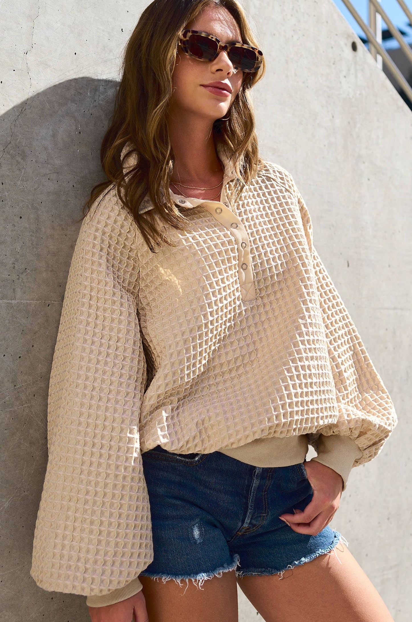 Two Tone Textured Snap Button Front Top