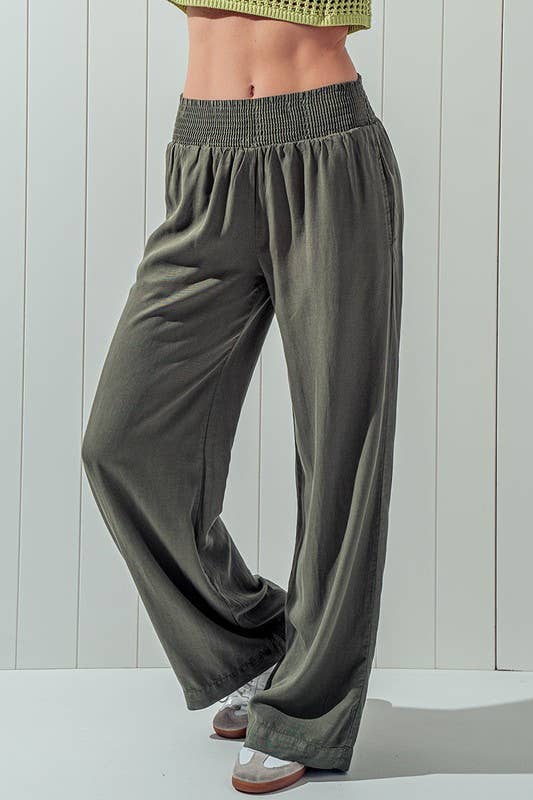 Smocked High Waist Wide Leg Side Pocket Pants