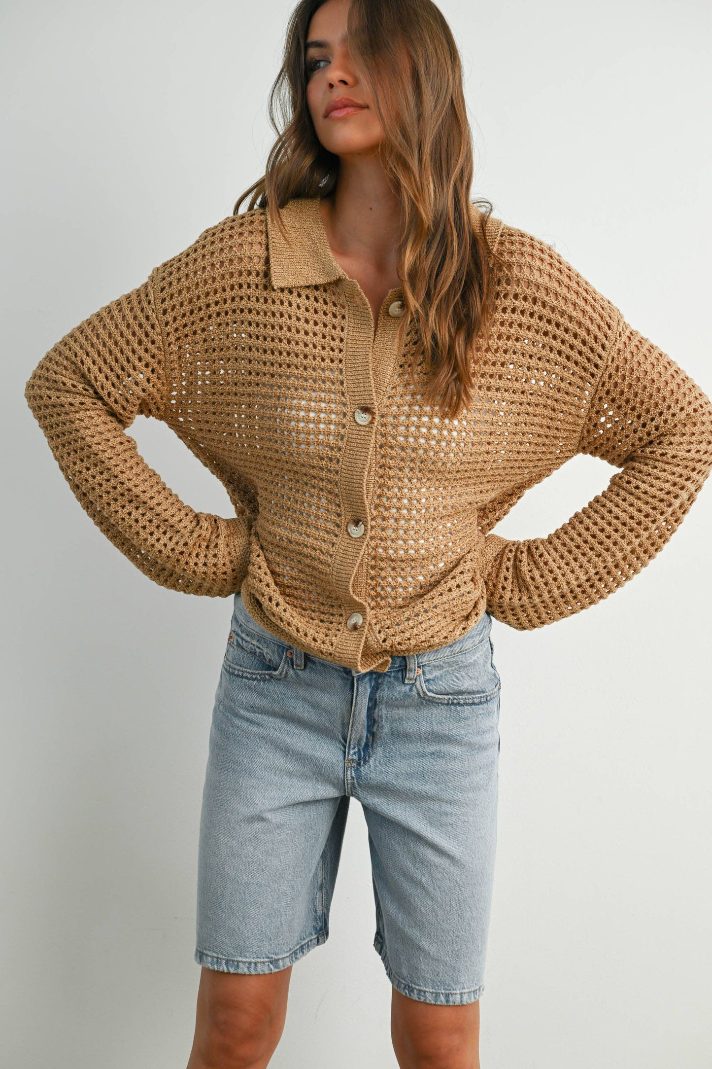 OPEN STITCH CROCHET COLLAR CARDIGAN