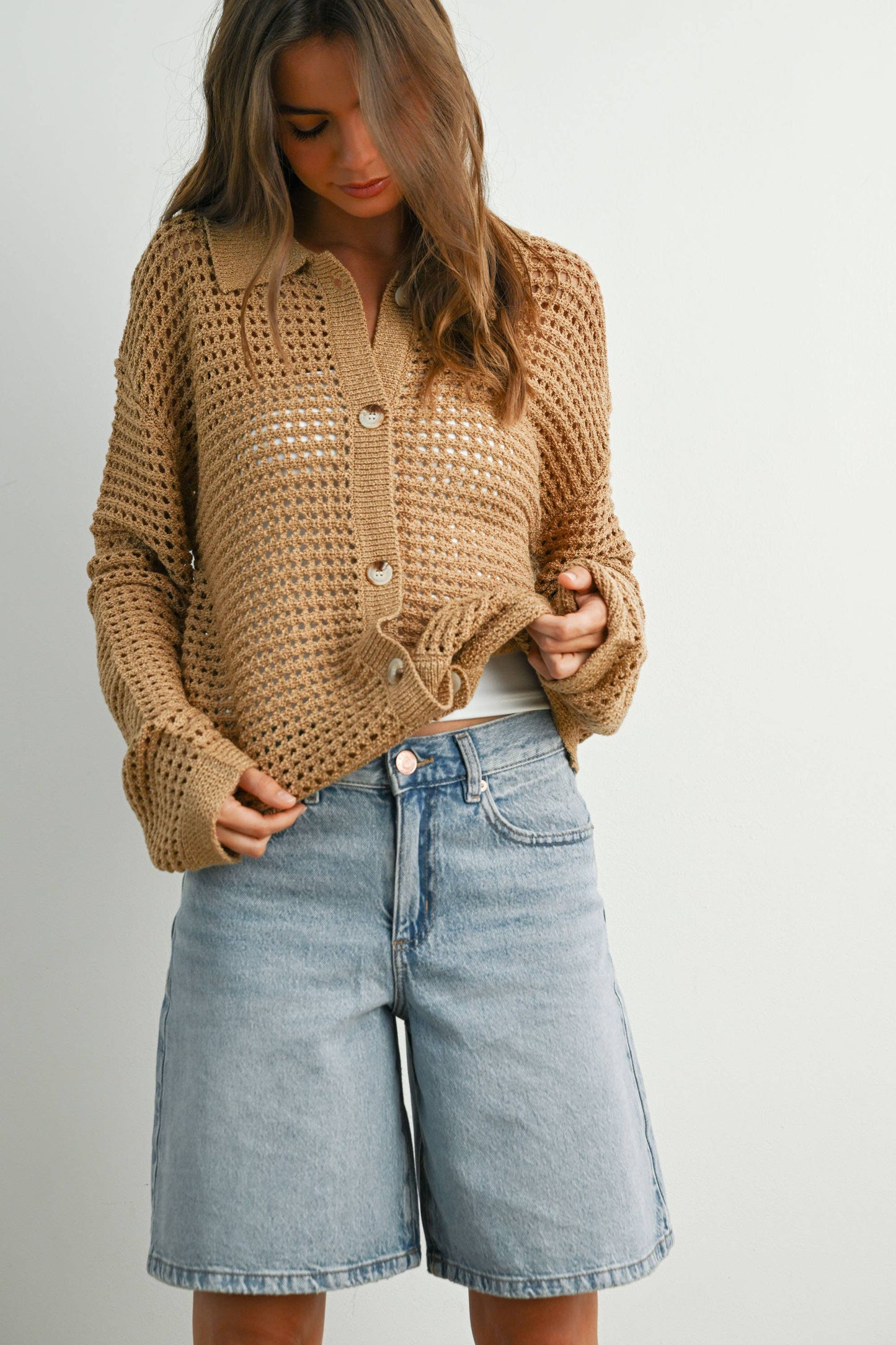 OPEN STITCH CROCHET COLLAR CARDIGAN