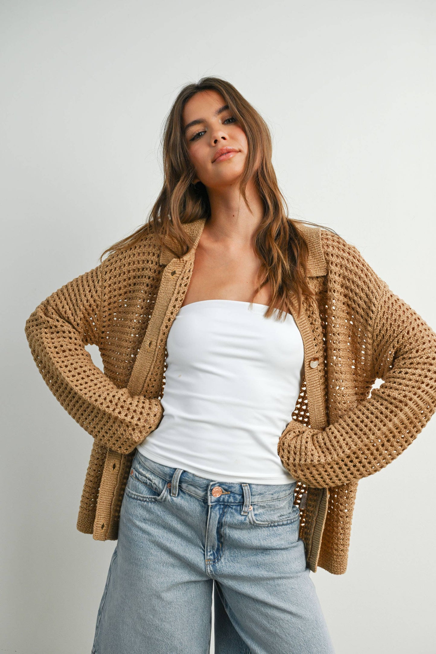 OPEN STITCH CROCHET COLLAR CARDIGAN