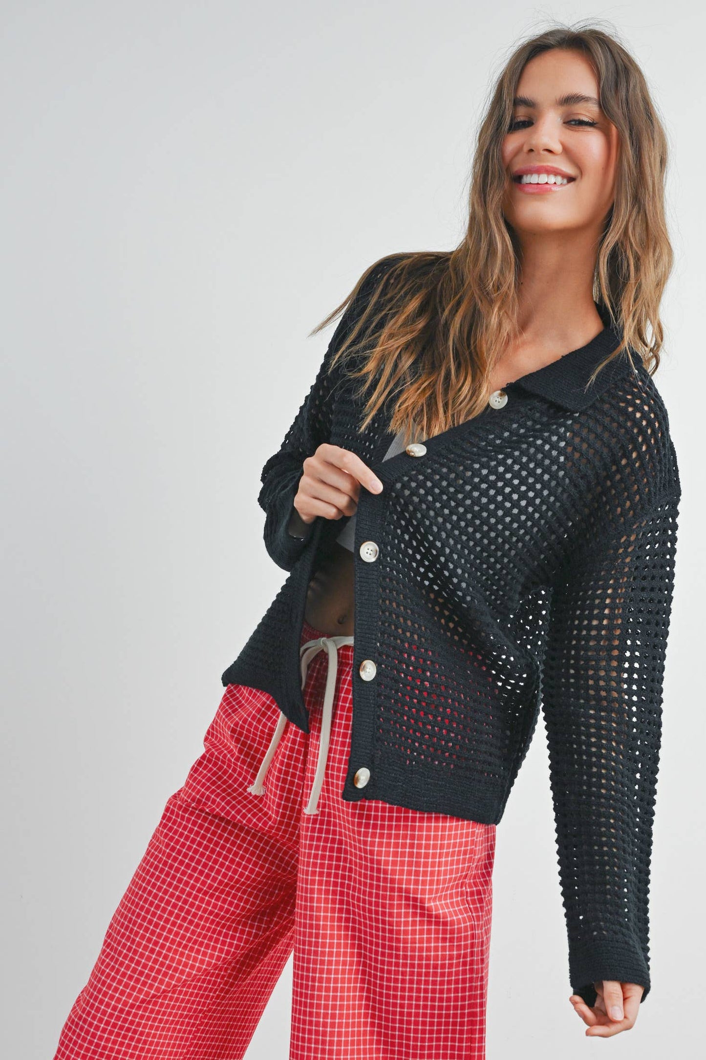 OPEN STITCH CROCHET COLLAR CARDIGAN