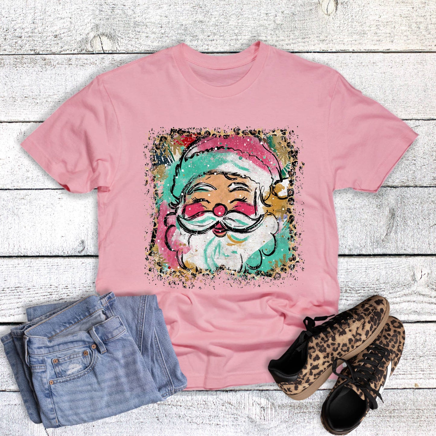 Christmas Leopard Watercolor Santa Graphic Tee
