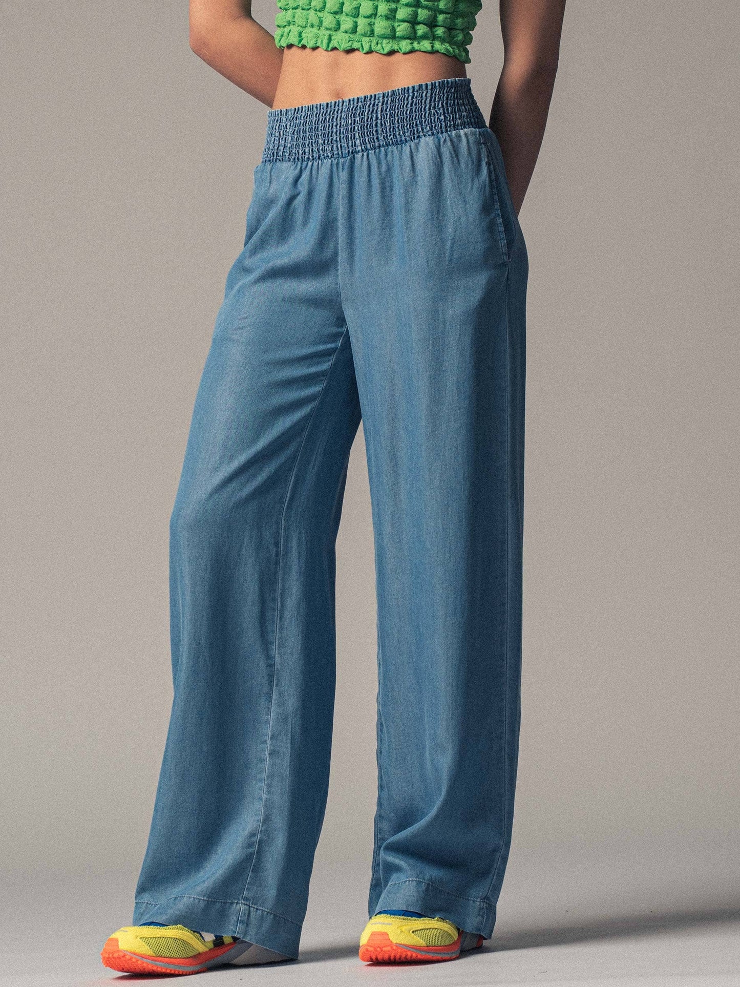 Smocked High Waist Wide Leg Side Pocket Pants