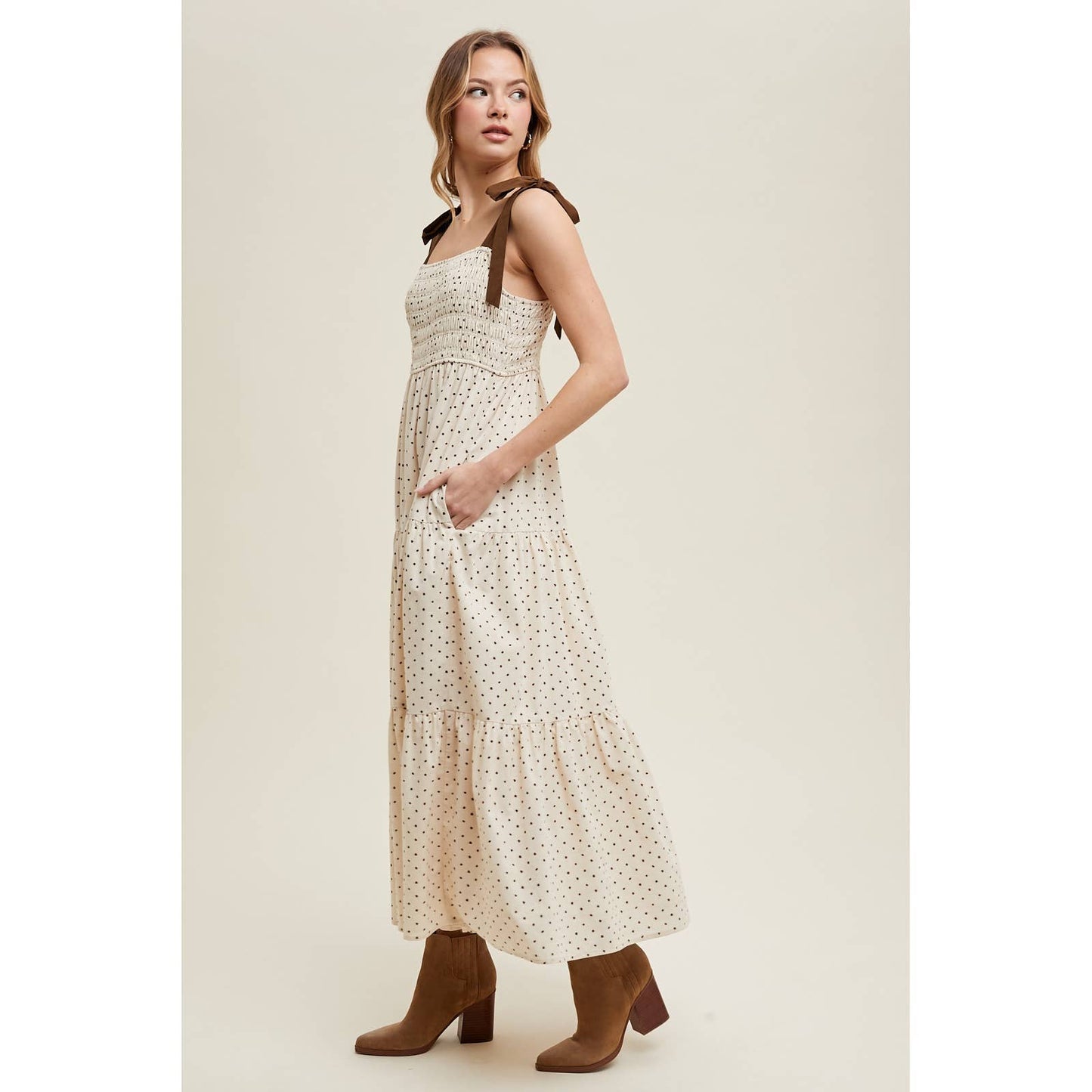 POLKA DOT TIERED MIDI DRESS