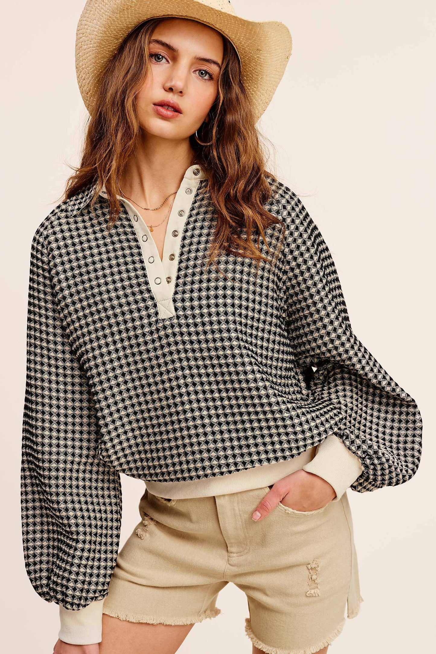 Two Tone Textured Snap Button Front Top