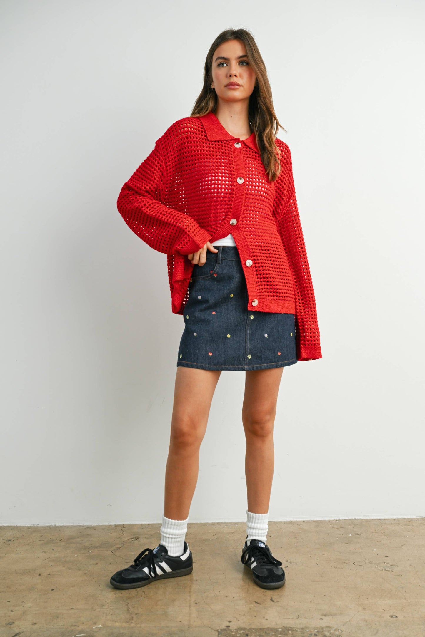 OPEN STITCH CROCHET COLLAR CARDIGAN