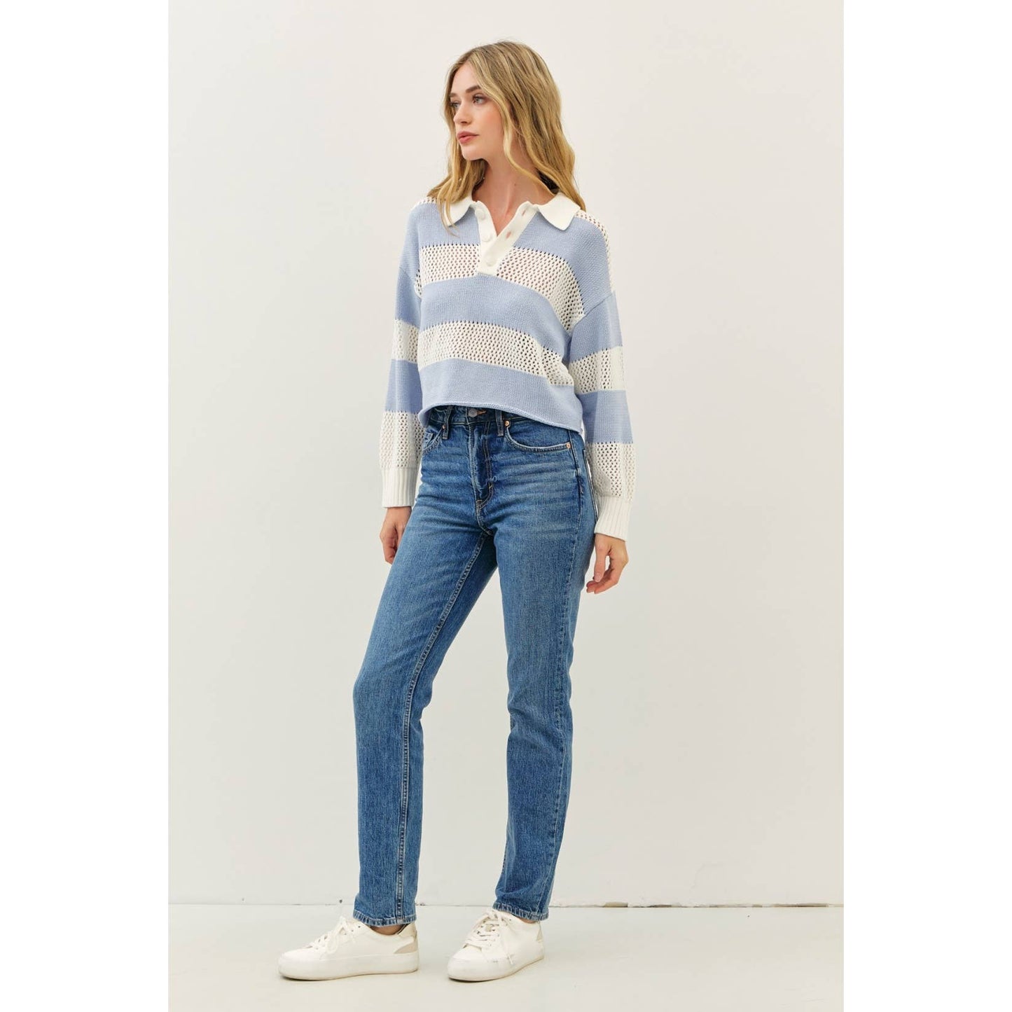 RUGBY-INSPIRED WIDE STRIPE LIGHTWEIGHT SWEATER & CROCHET TOP