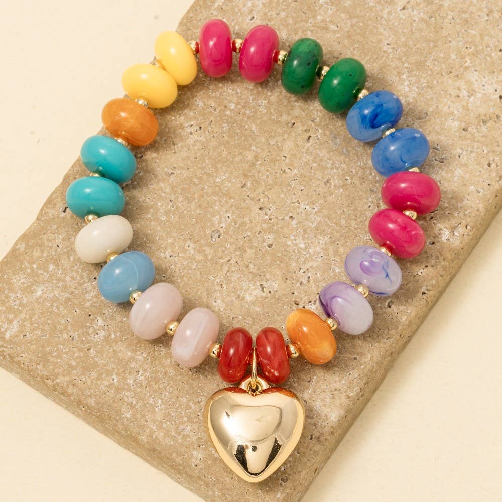 Heart Charm Mixed Marble Resin Beaded Bracelet