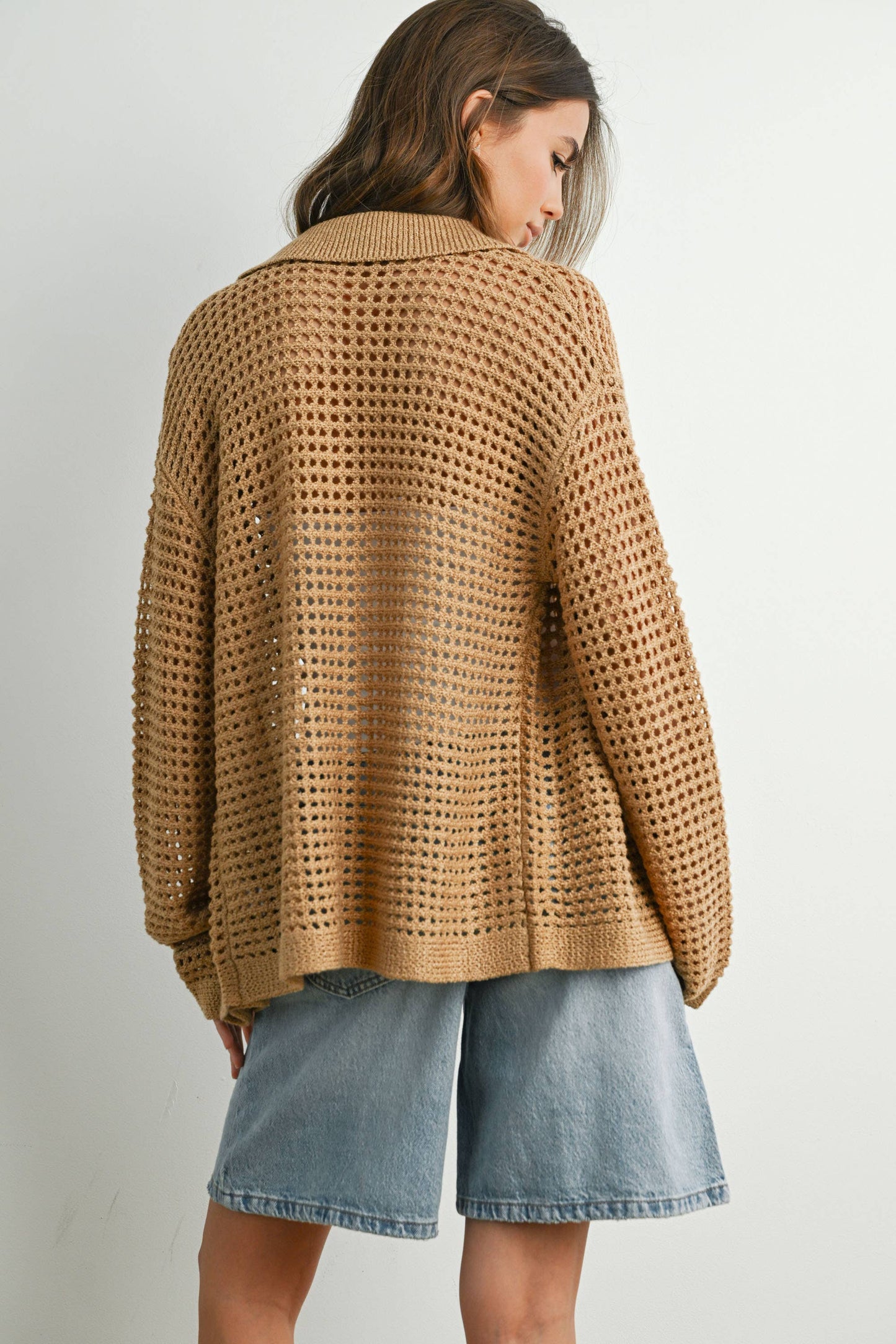 OPEN STITCH CROCHET COLLAR CARDIGAN