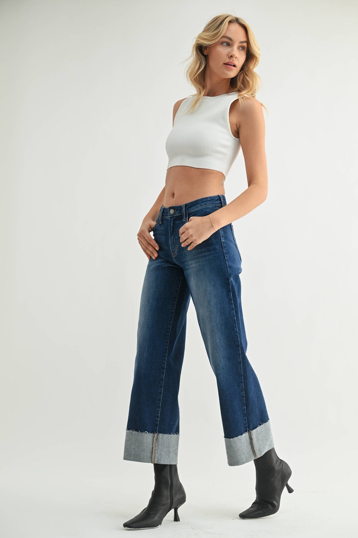 Scissor Cut Cuffed Wide Leg - DARK DENIM
