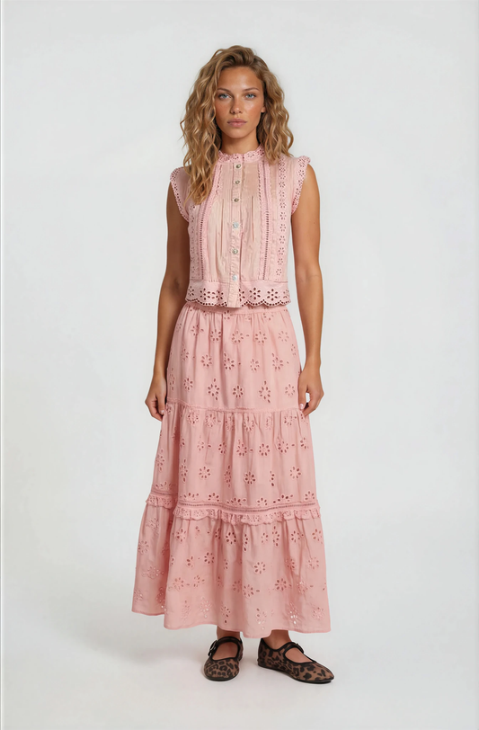 RUFFLE EYELET MAXI SKIRT