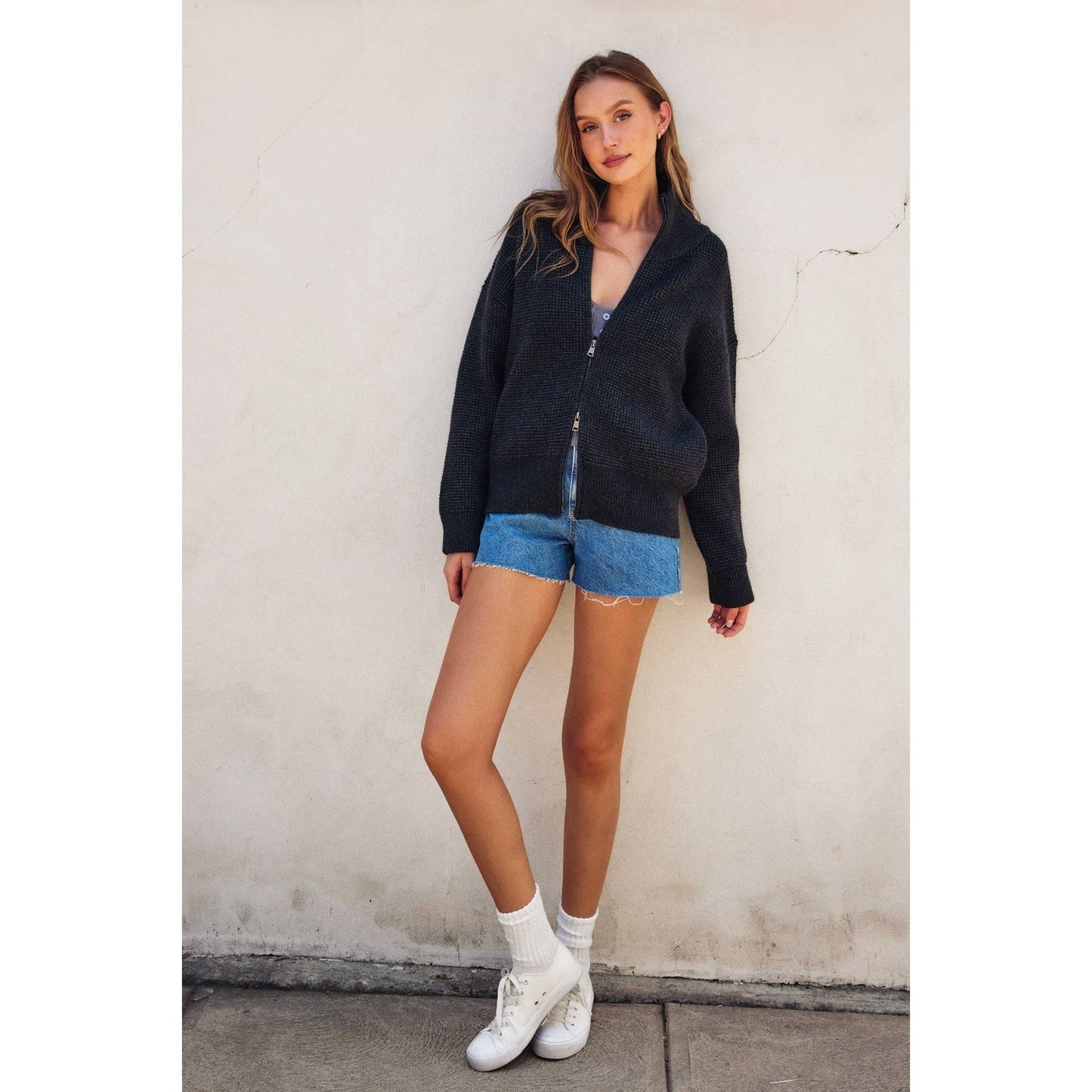 Two Way Zip Waffle Knit Zip Up