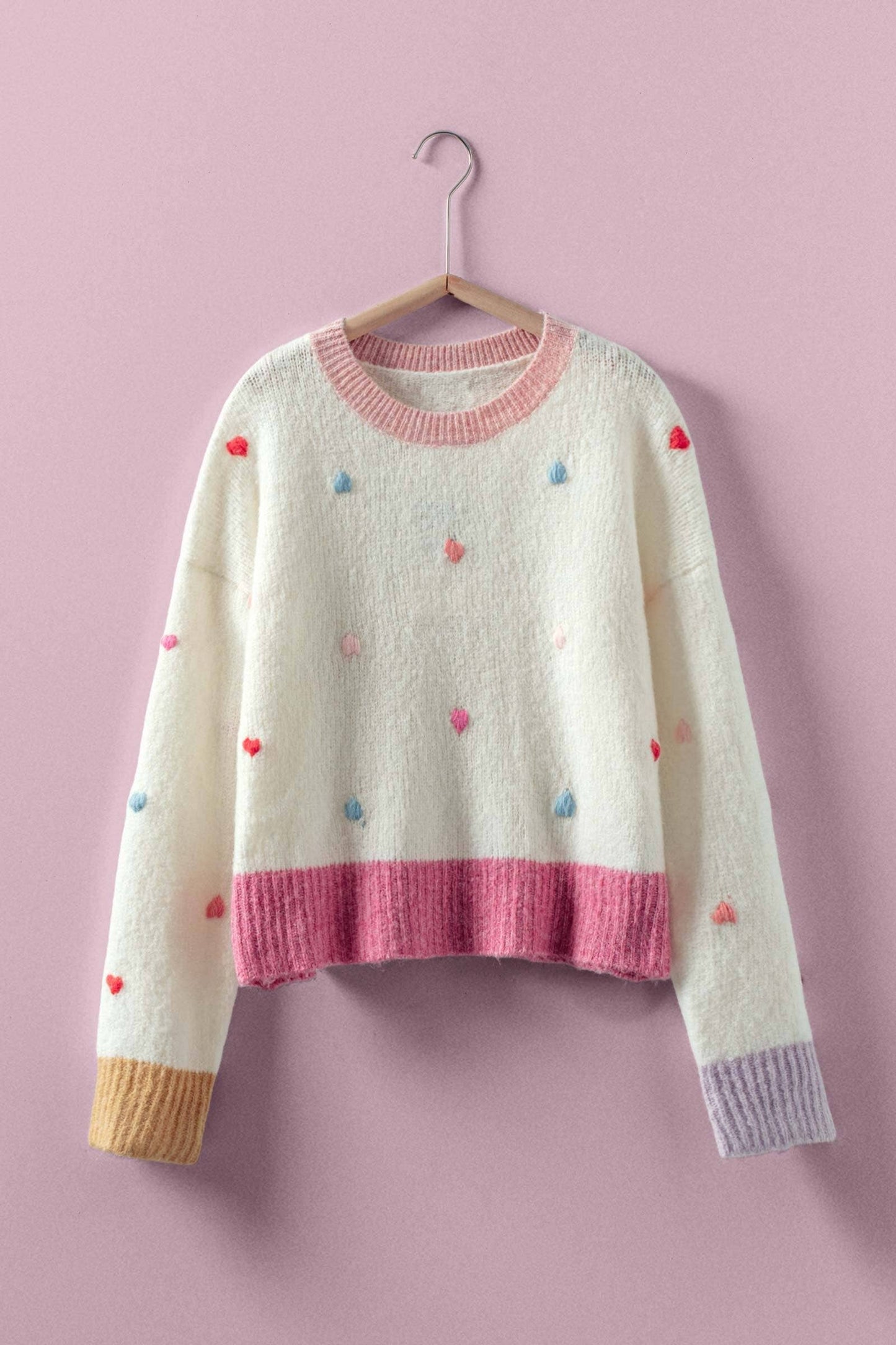 Embroidered Heart Colorblock Knit Sweater