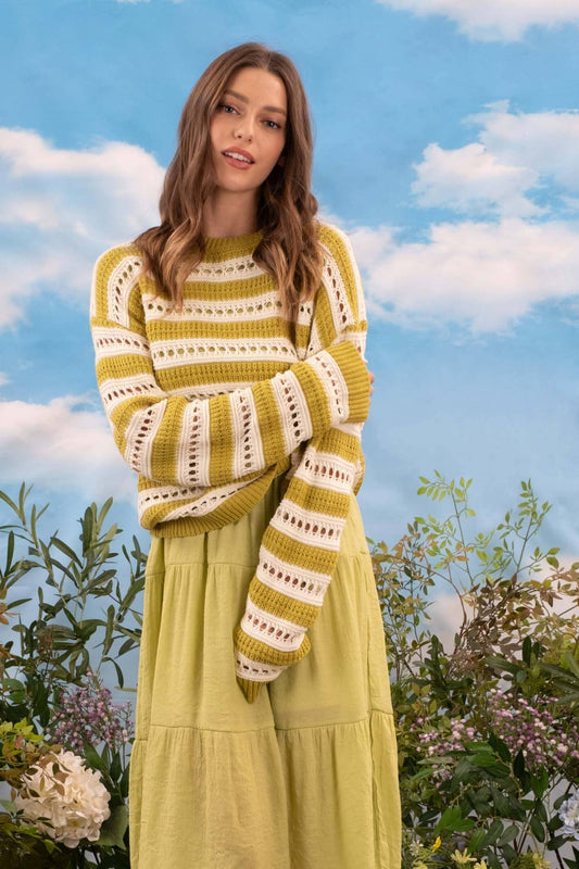 KELLY STRIPED EYELET KNIT PULLOVER SWEATER