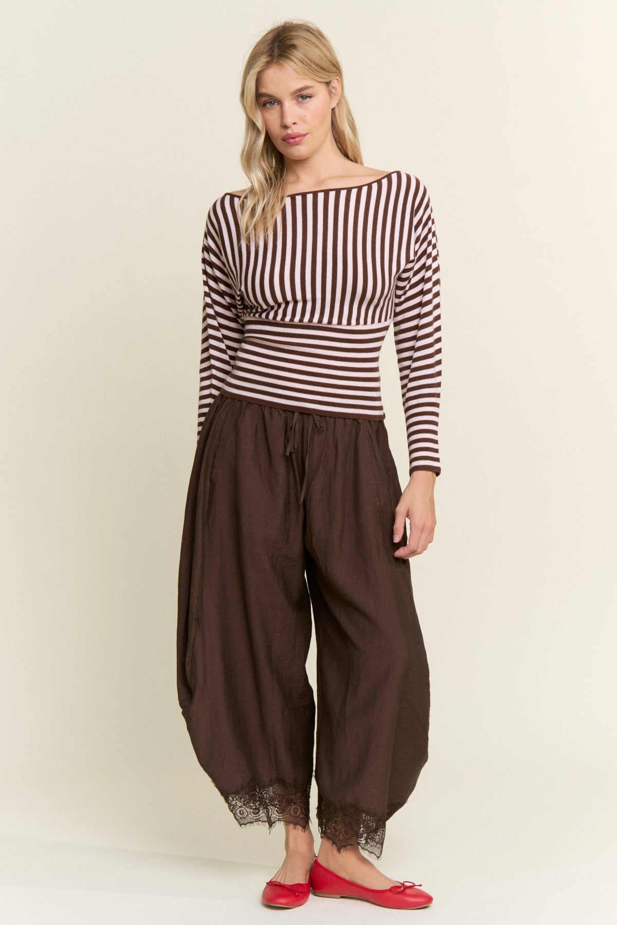 Chocolate Lace-Trim Relaxed Pants