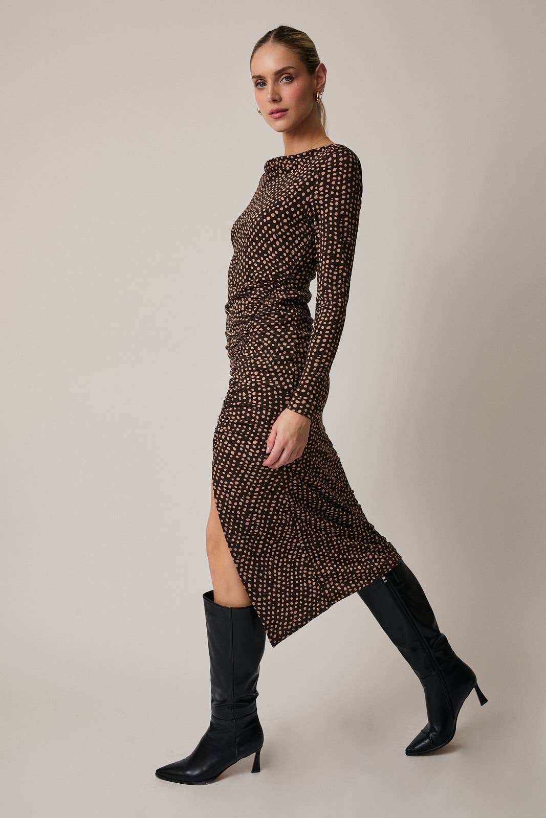 COWL NECK LONG SLEEVE SHIRRING DETAIL MIDI DRESS