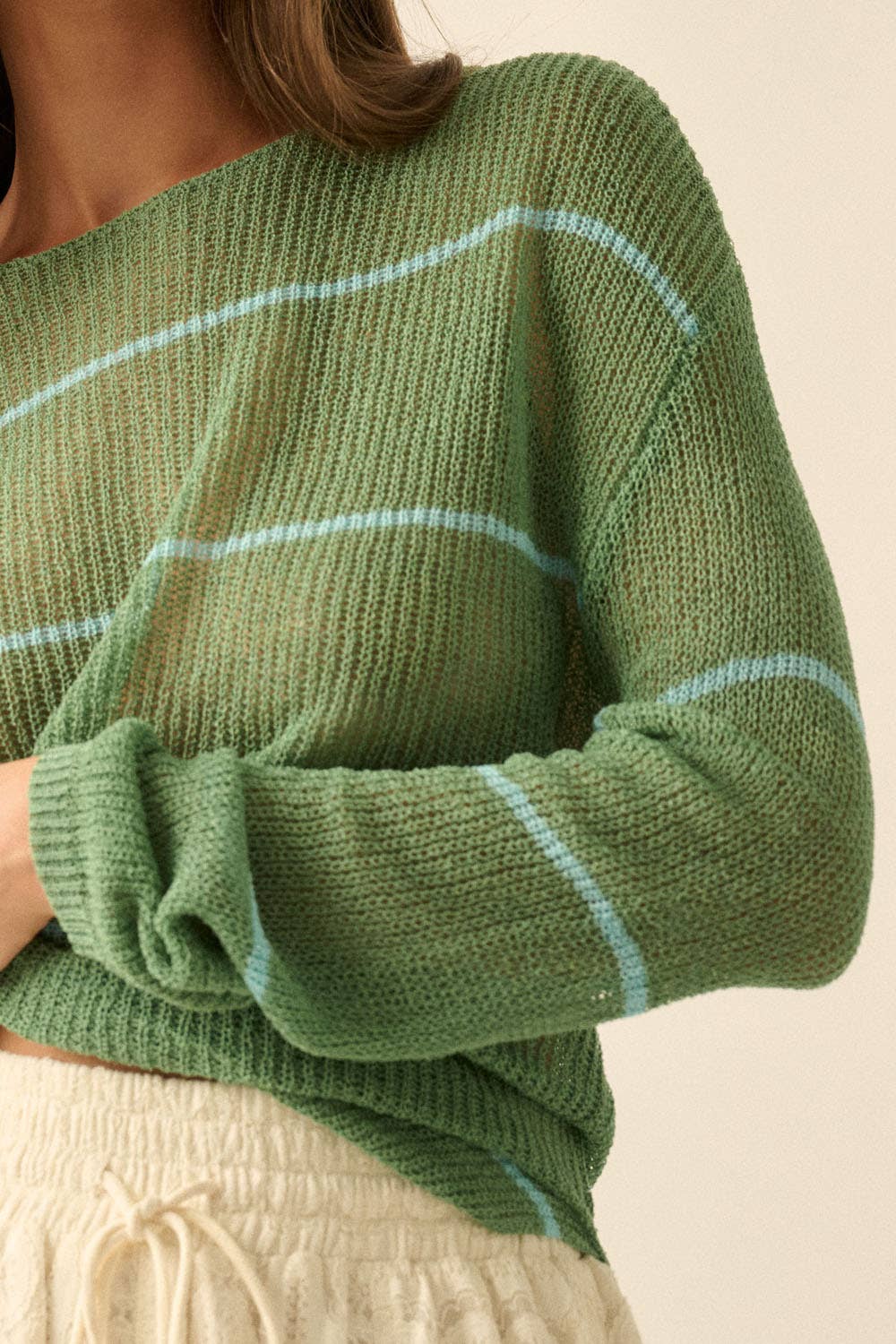 Striped Semi-Sheer Lightweight Knit Loose-Fit Sweater