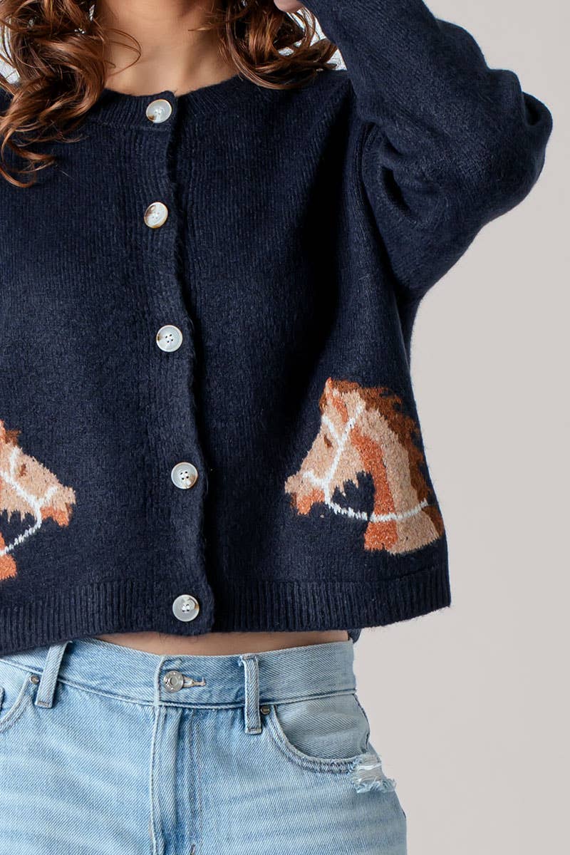 Western Horse Graphic Ribbed Trim Crew Neck Cardigan